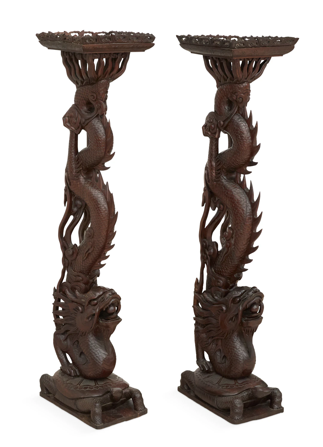 Pair of Chinese Dragon-Carved Wooden Pedestals