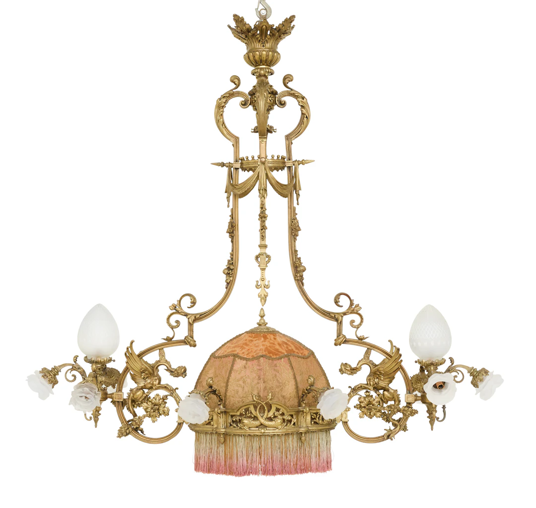 Exceptional French Fin-de-Siecle Bronze, Glass and Fabric Billiard Table Light