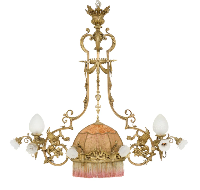 Exceptional French Fin-de-Siecle Bronze, Glass and Fabric Billiard Table Light