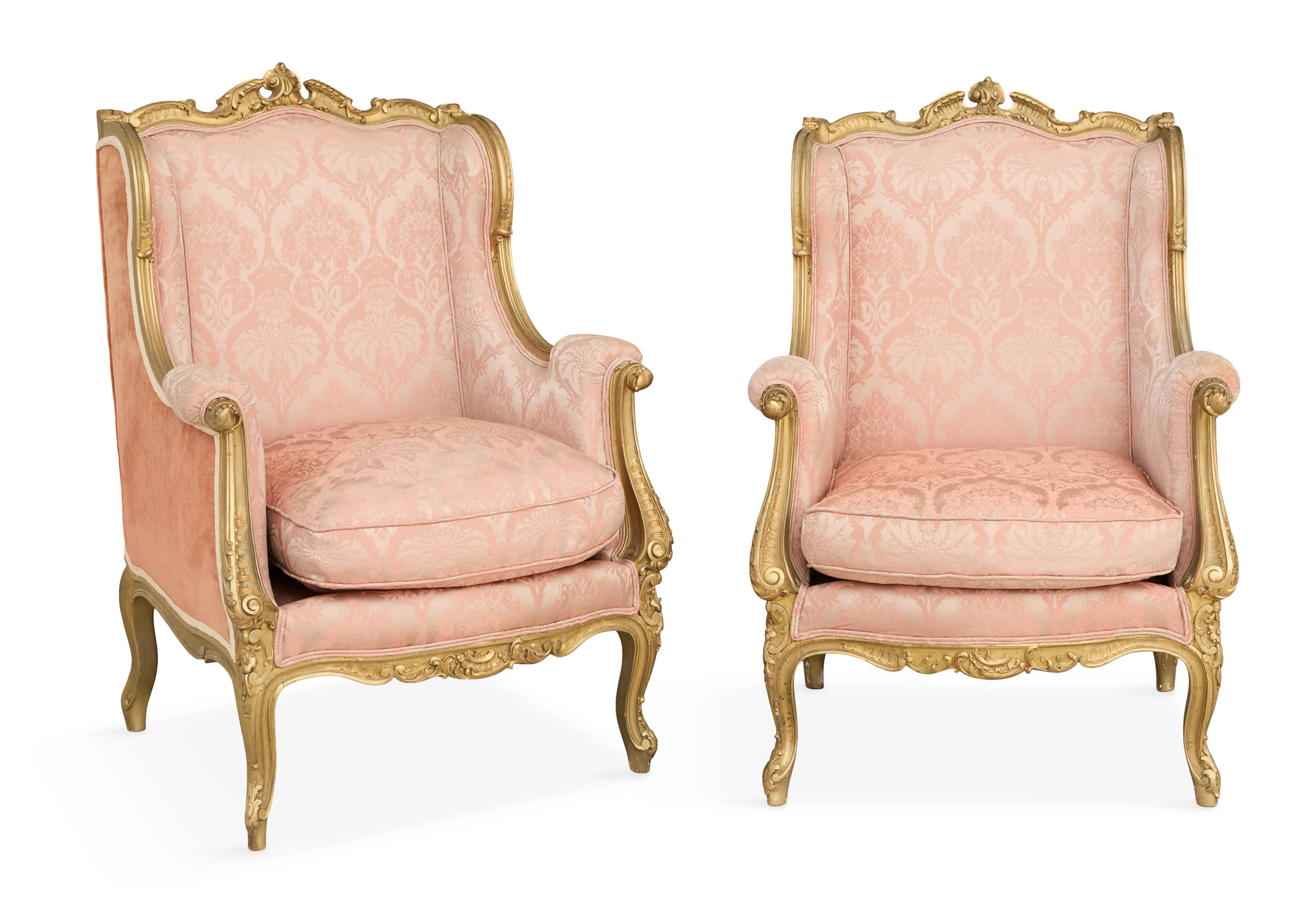 Pair of French Giltwood Wing Chairs