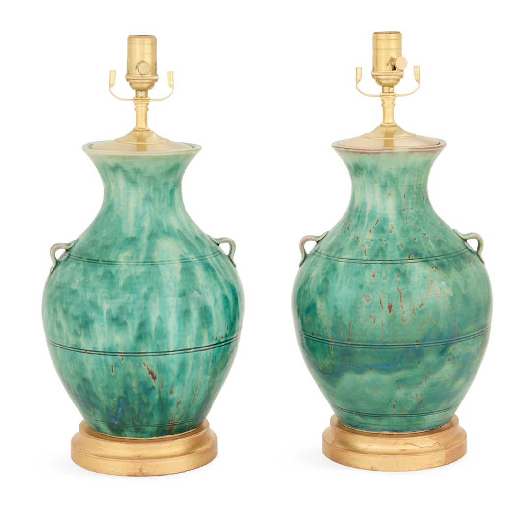 Pair of Chinese Yuhuchunping Pottery Vase Lamps