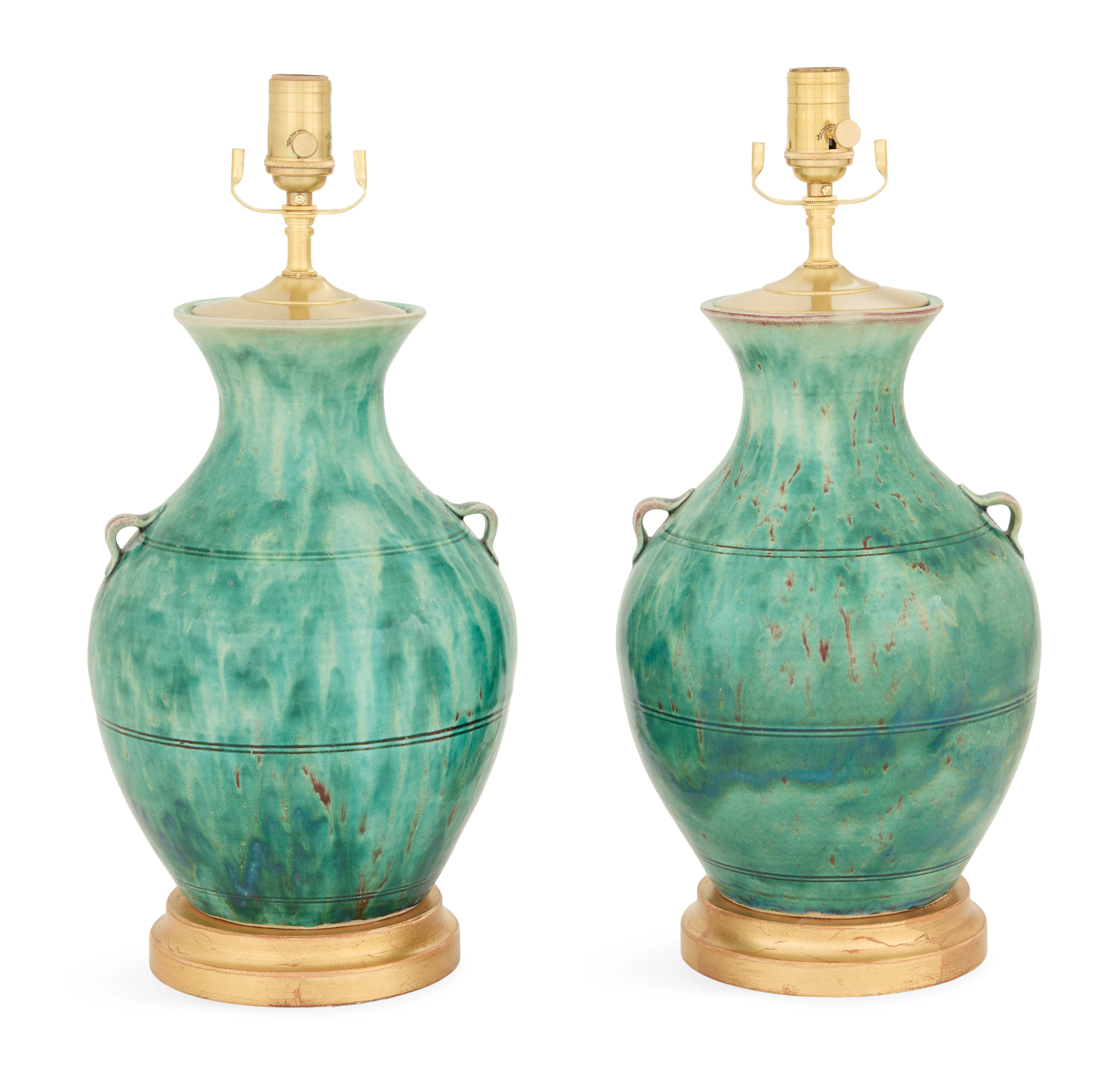 Pair of Chinese Yuhuchunping Pottery Vase Lamps