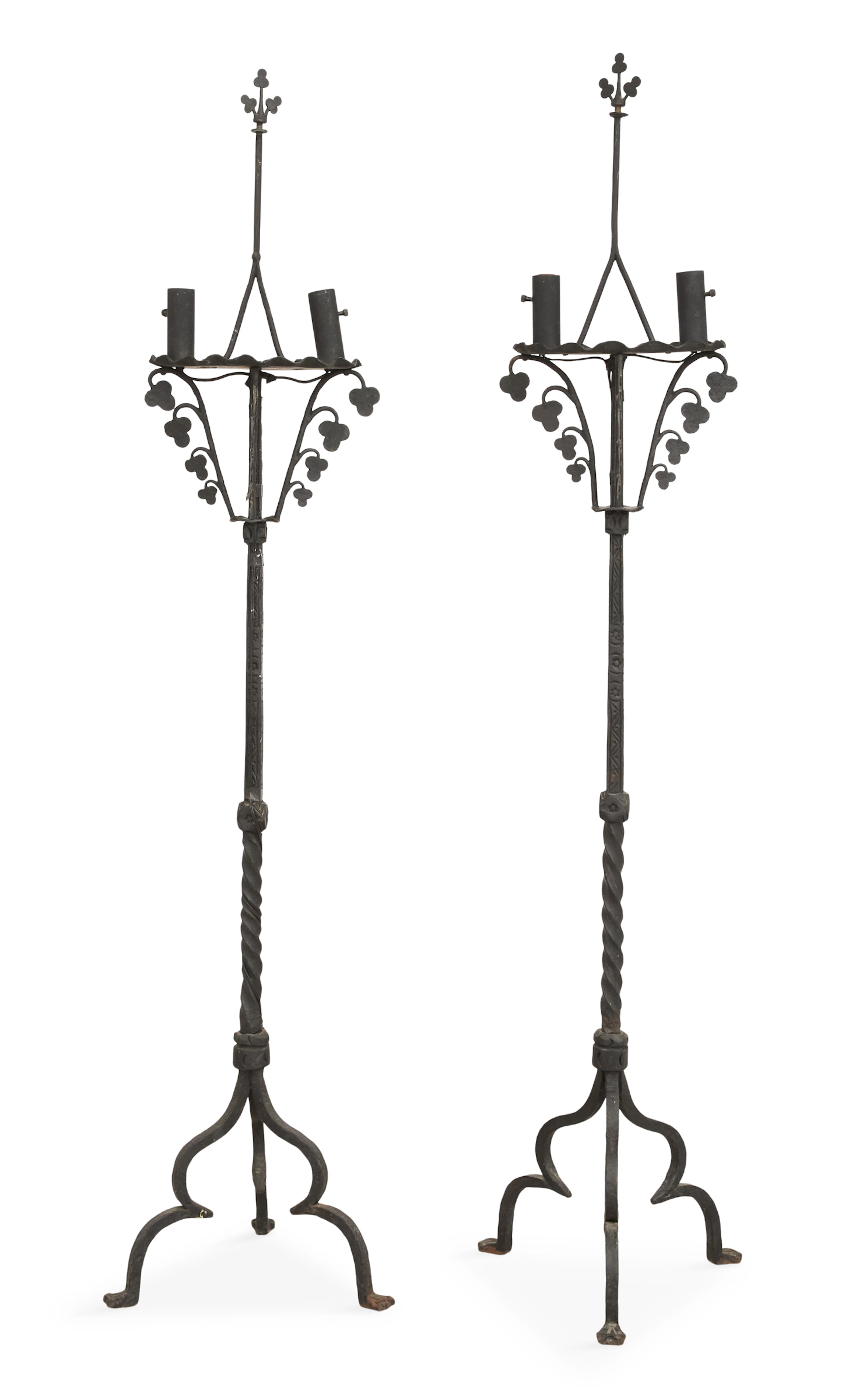 Pair of Iron Two-Light Torcheres in the Manner of Samuel Yellin
