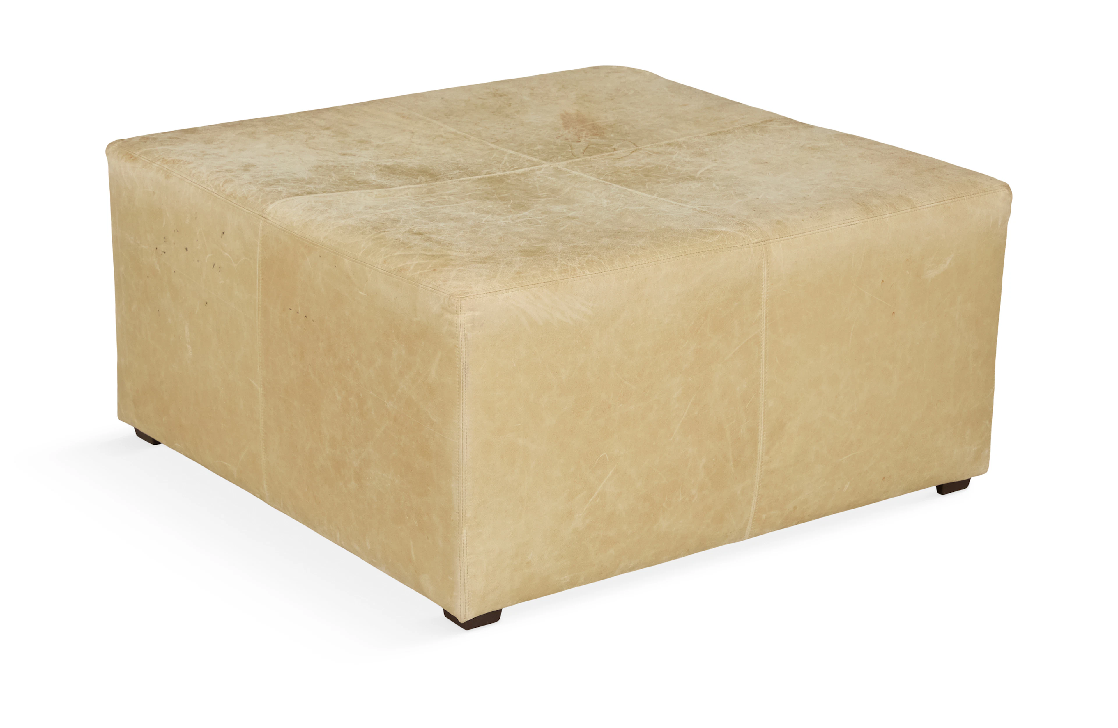 Large Distressed Leather Cube-Form Ottoman