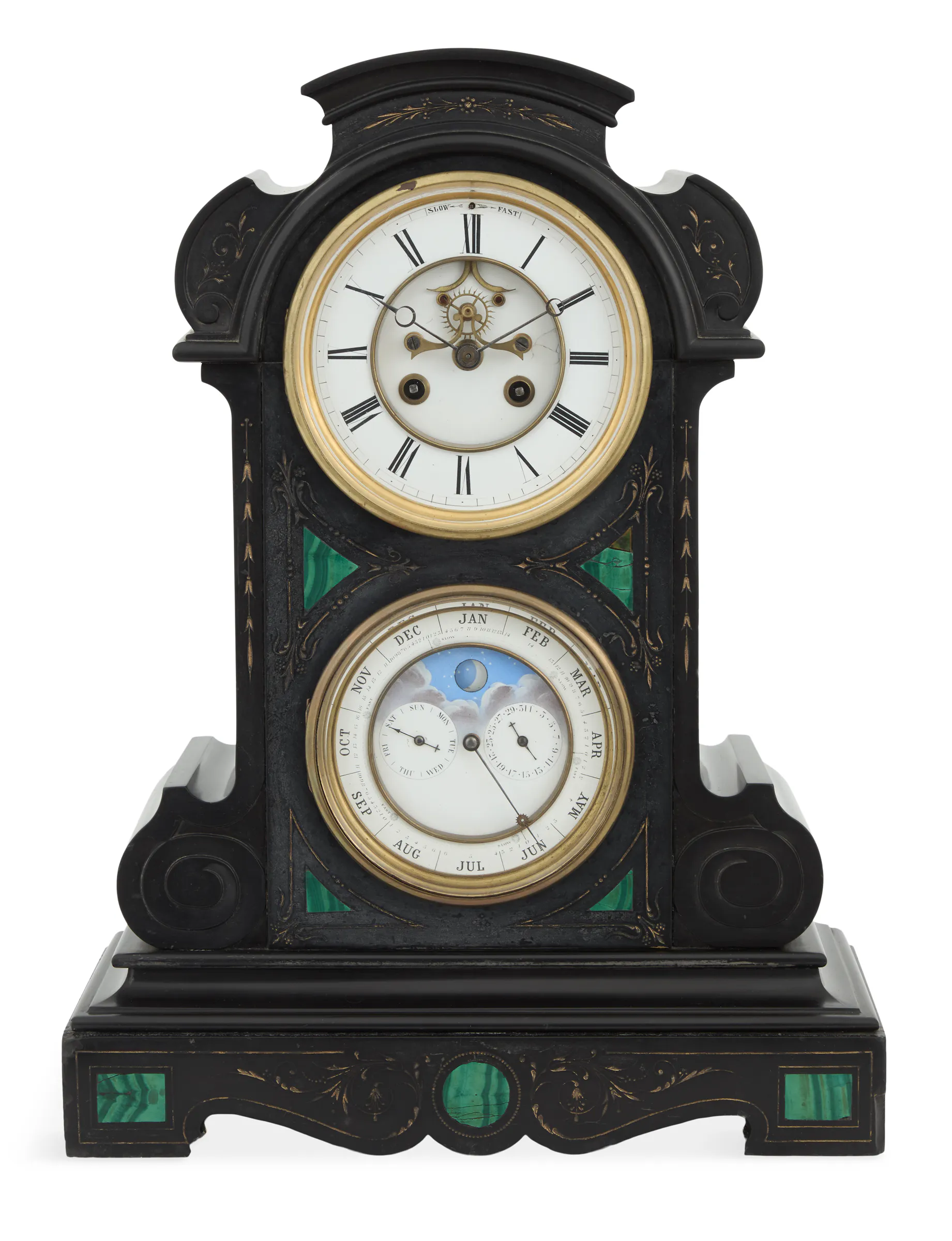 French Malachite-Inlaid Black Marble Calendar Clock
