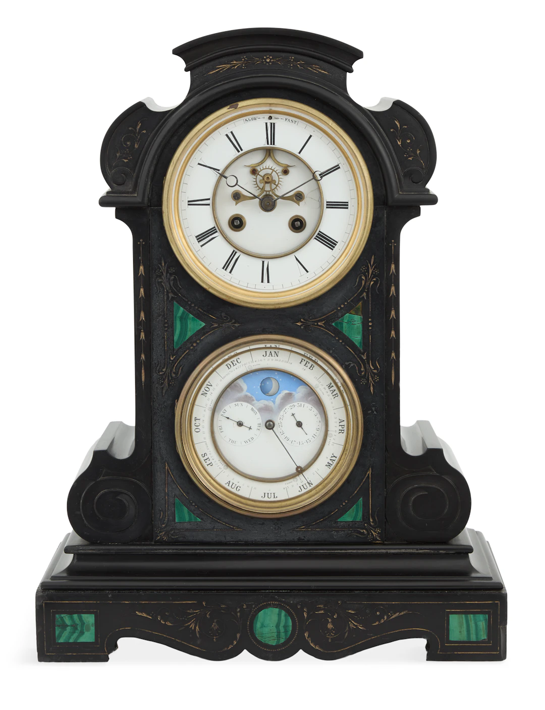 French Malachite-Inlaid Black Marble Calendar Clock