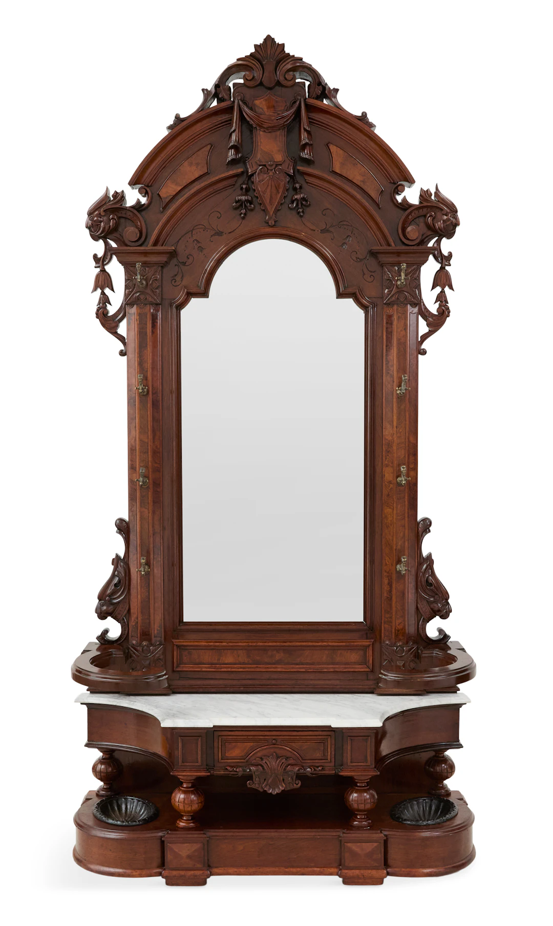 Monumental American Walnut and Marble-Top Hall Tree