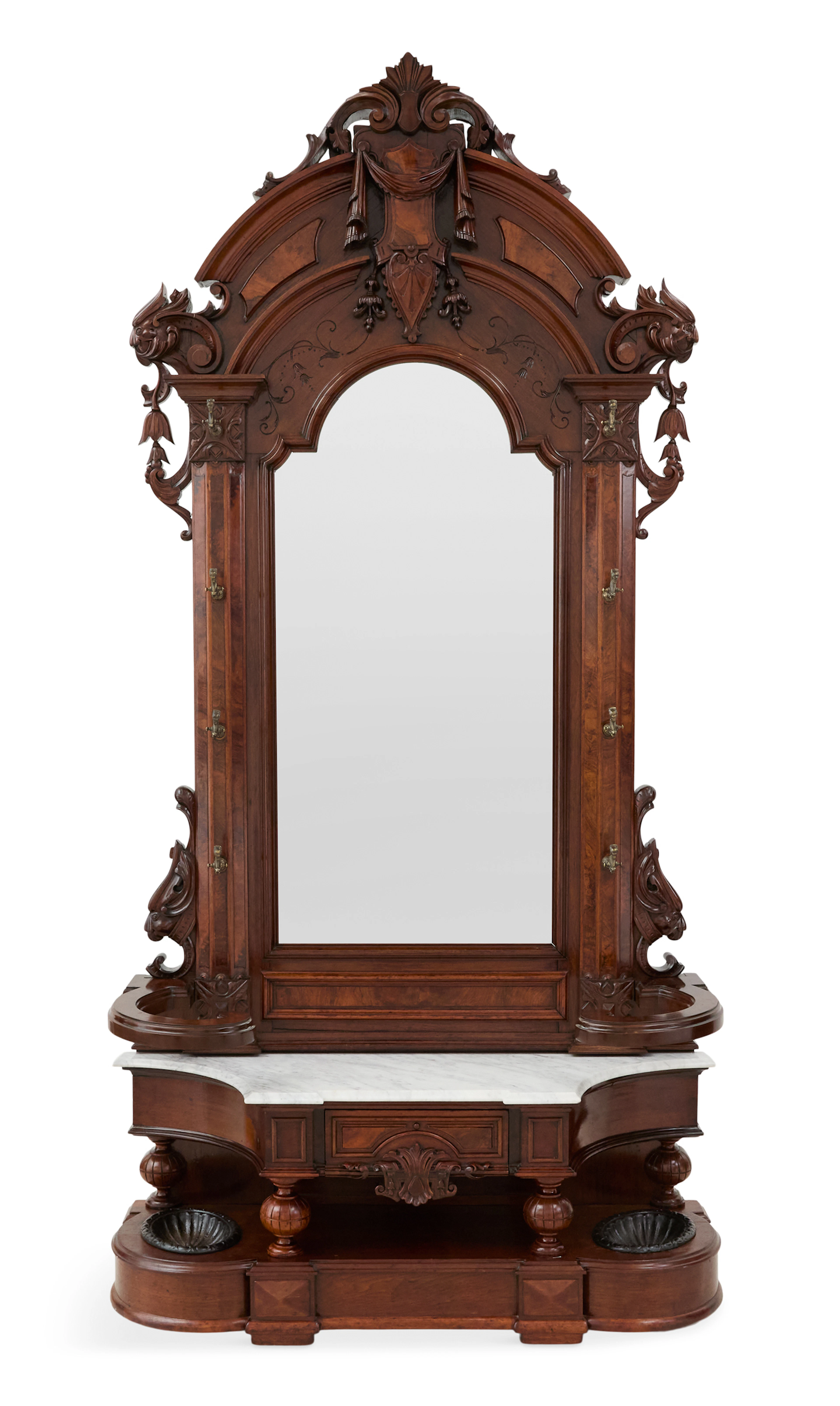 Monumental American Walnut and Marble-Top Hall Tree