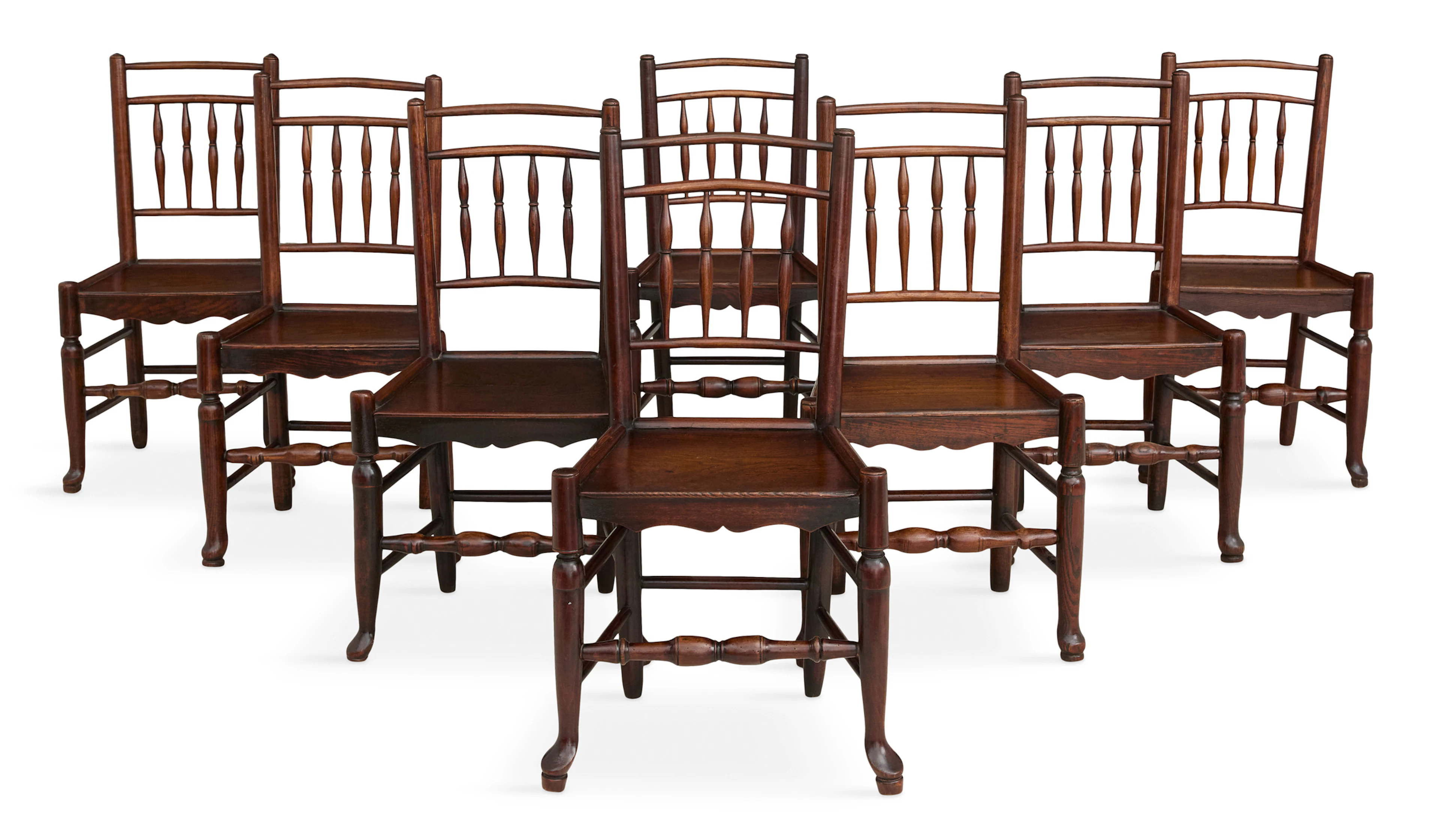 Suite of Eight English Oak Spindle-Back Chairs