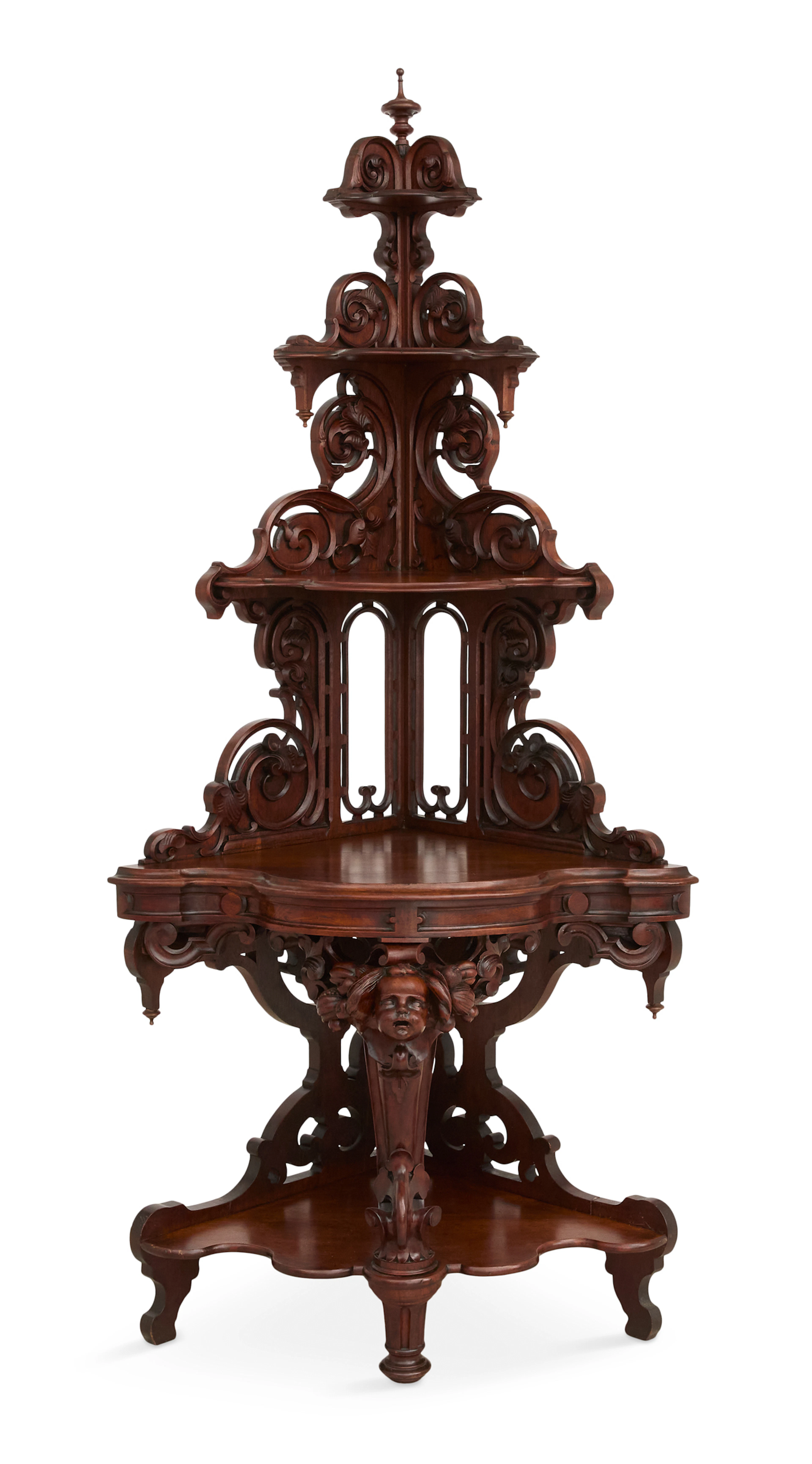 Highly Unusual American Rococo Revival Walnut Corner Etagere