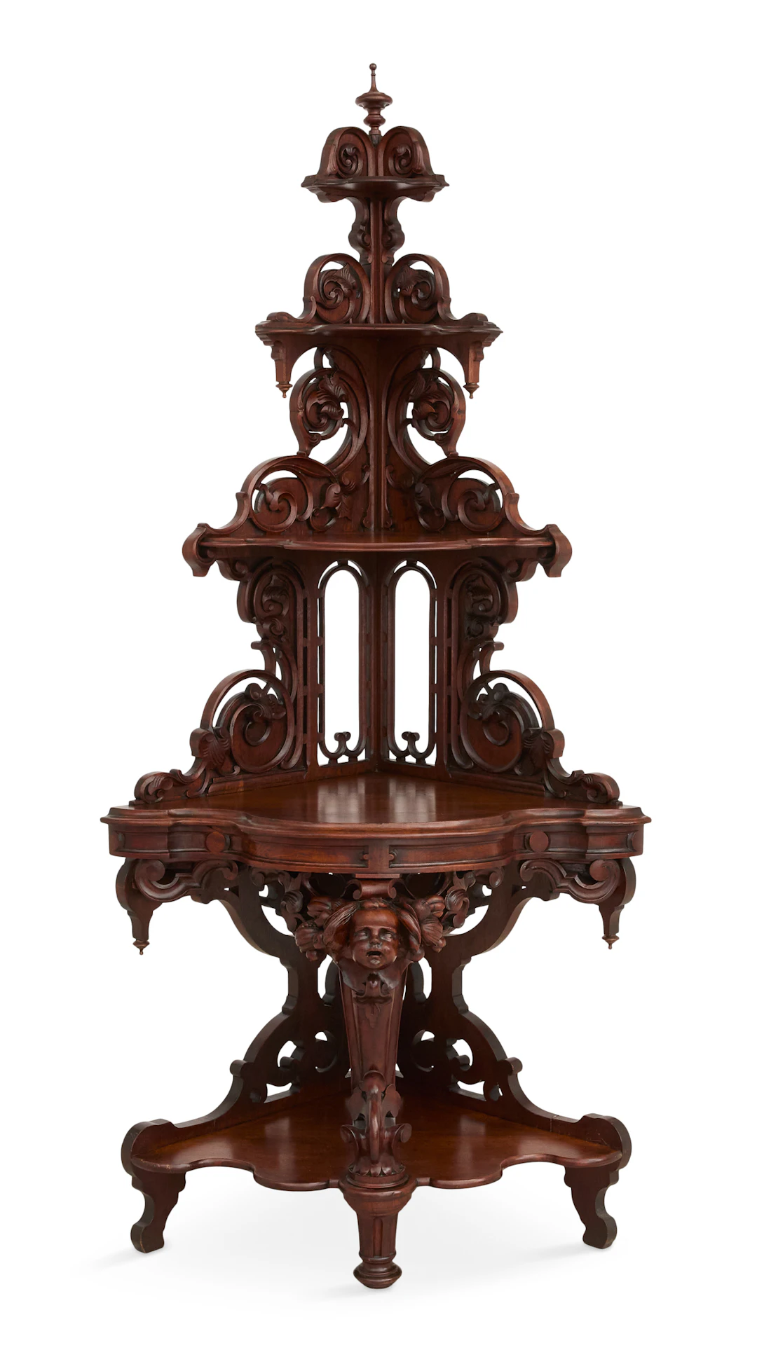Highly Unusual American Rococo Revival Walnut Corner Etagere