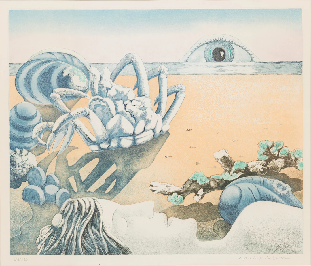 AXEL OLSON. "Strandkväll", färglitografi, signerad och numrerad, 218/260.