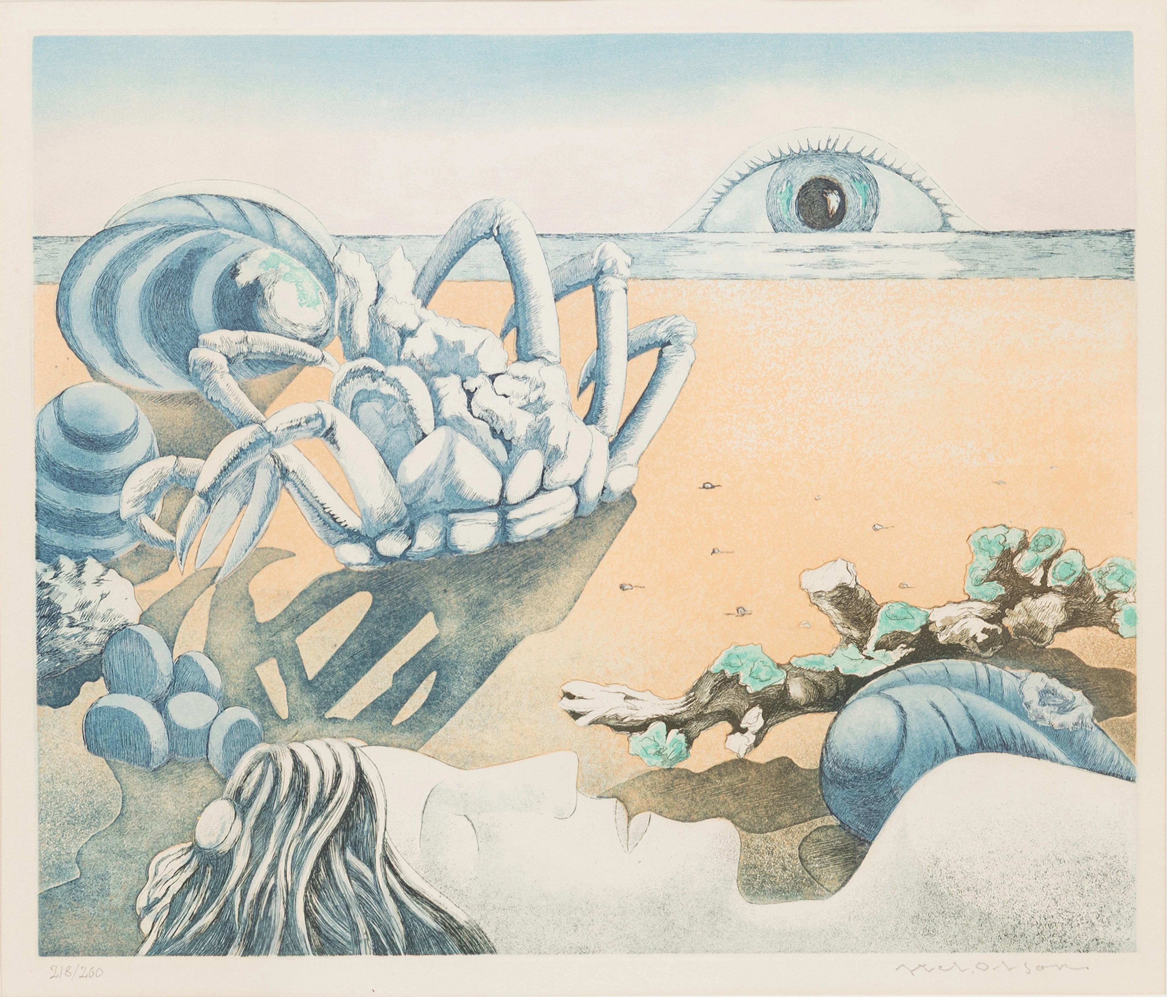 AXEL OLSON. "Strandkväll", färglitografi, signerad och numrerad, 218/260.