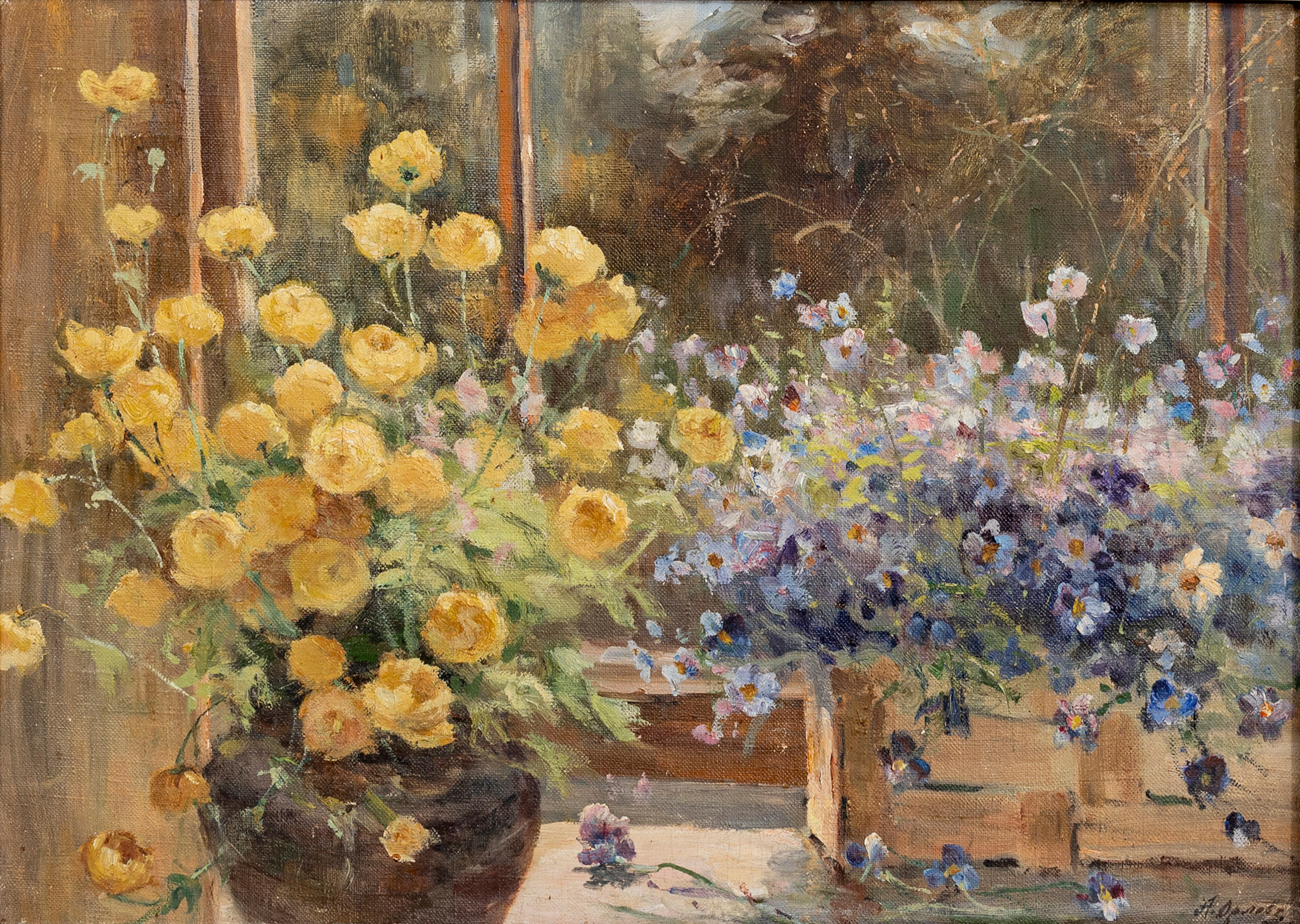 OIDENTIFIERAD KONSTNÄR. Stilleben med ängsblommor, olja på duk, bär signtur.