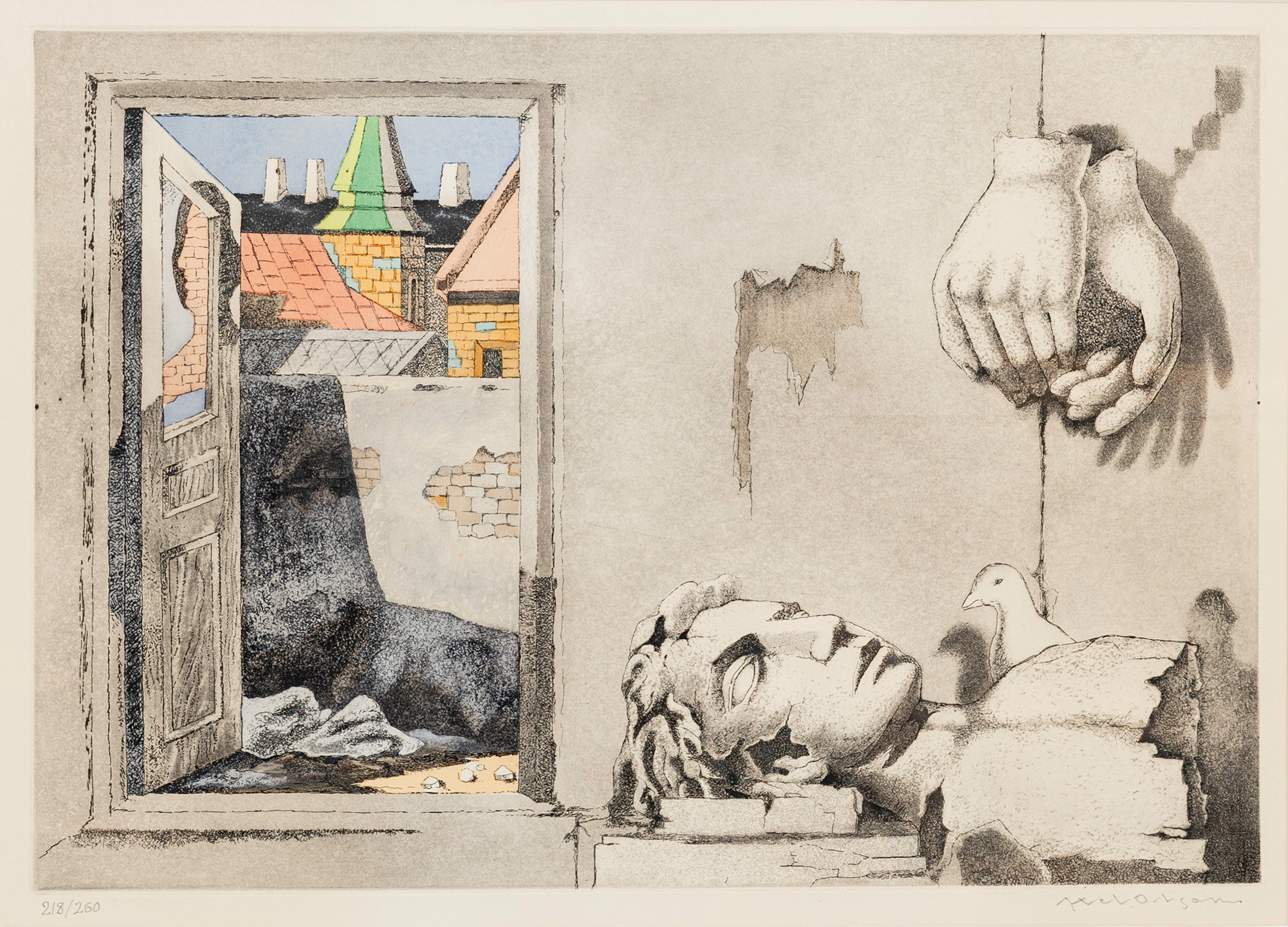 AXEL OLSON. "Dörr mot ljuset", färglitografi, signerad och numrerad, 218/260.