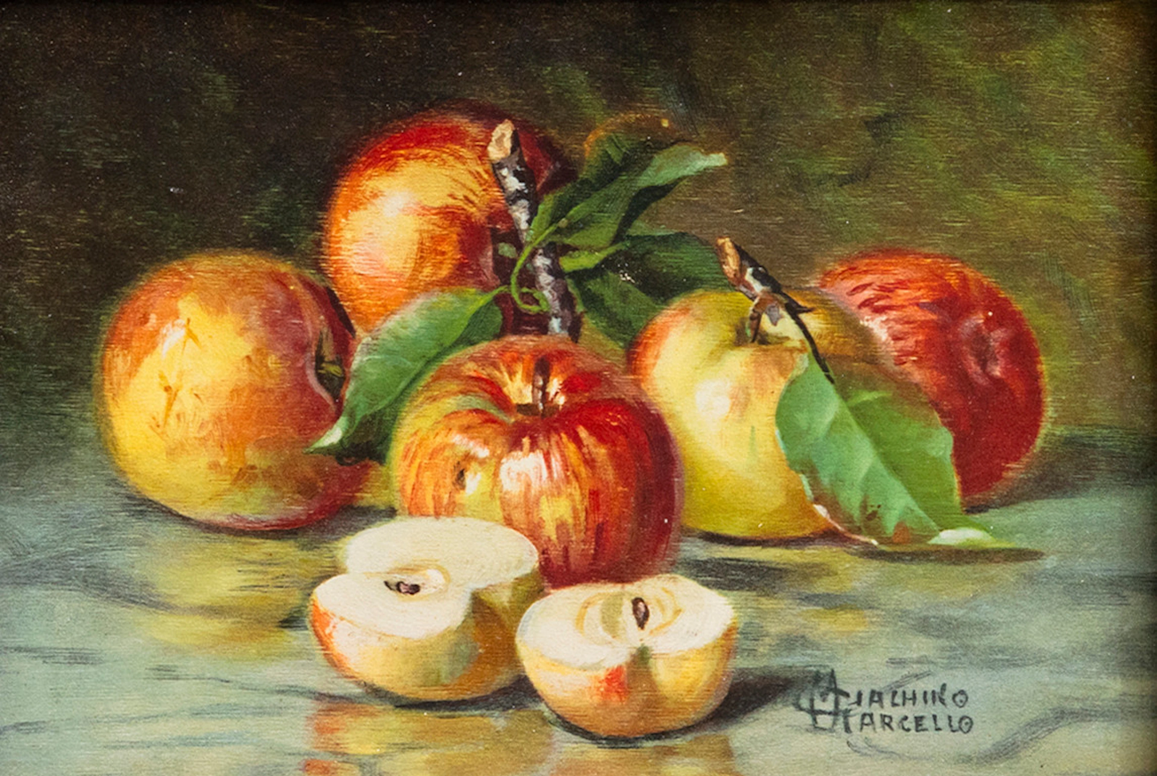 MARCELLO GIACHINO (1877-1929). Stilleben med äpplen, tryck, signerad.