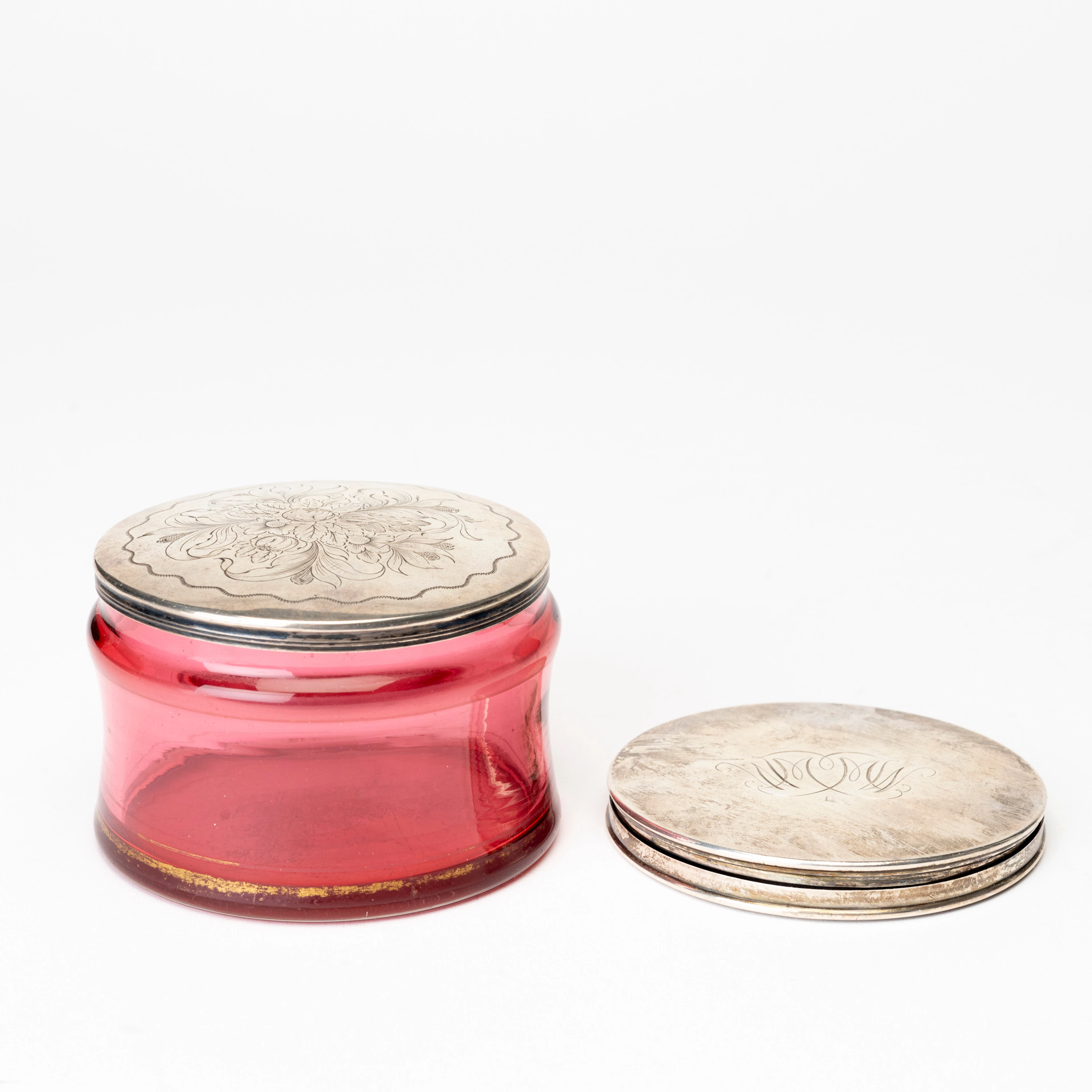 PUDERDOSA med SPEGEL samt BURK med LOCK sterling silver, svensk importstämpel
