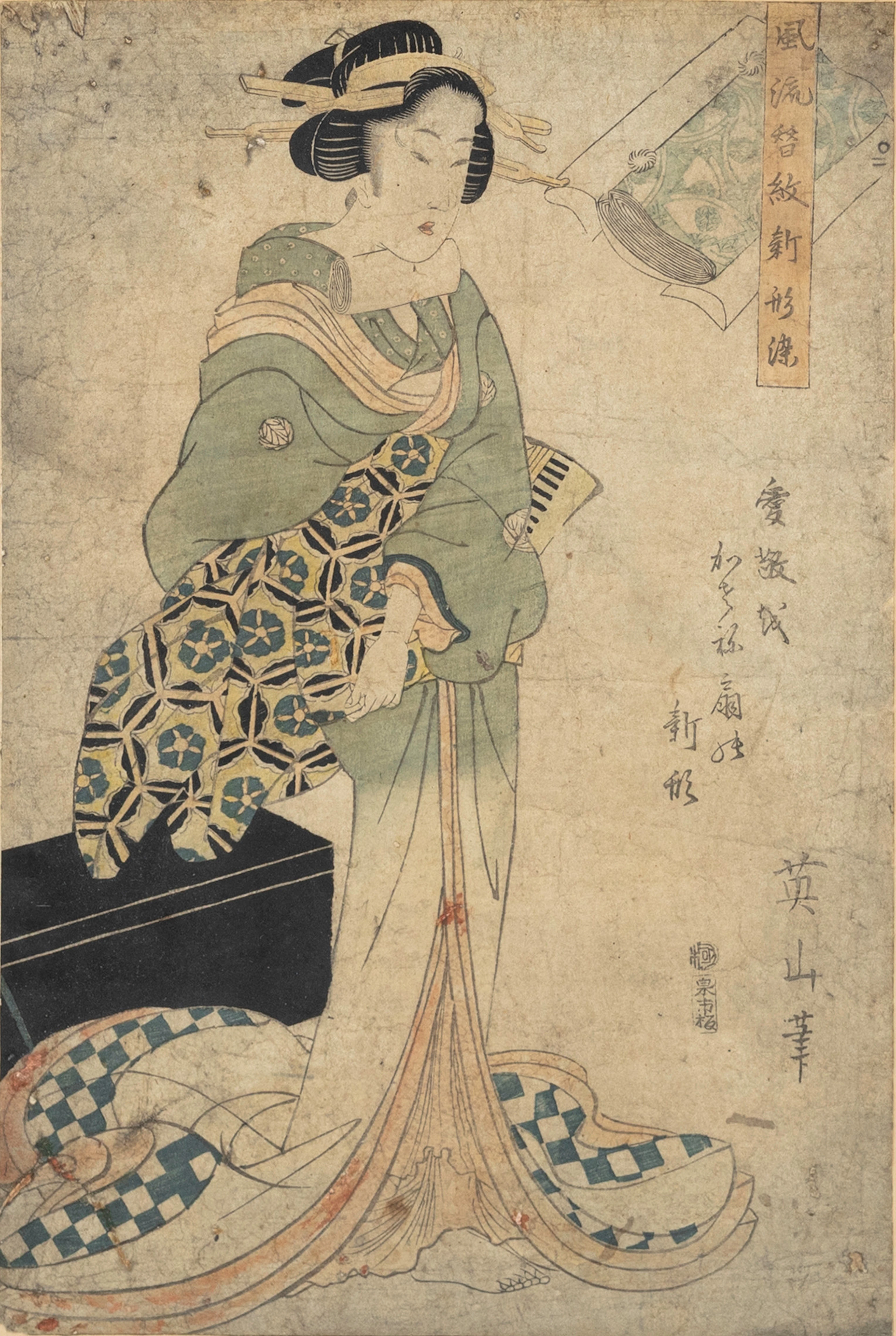 KIKUKAWA EIZAN (1787-1867). "Furyu Kadwari-mon Shin-katazome",träsnitt