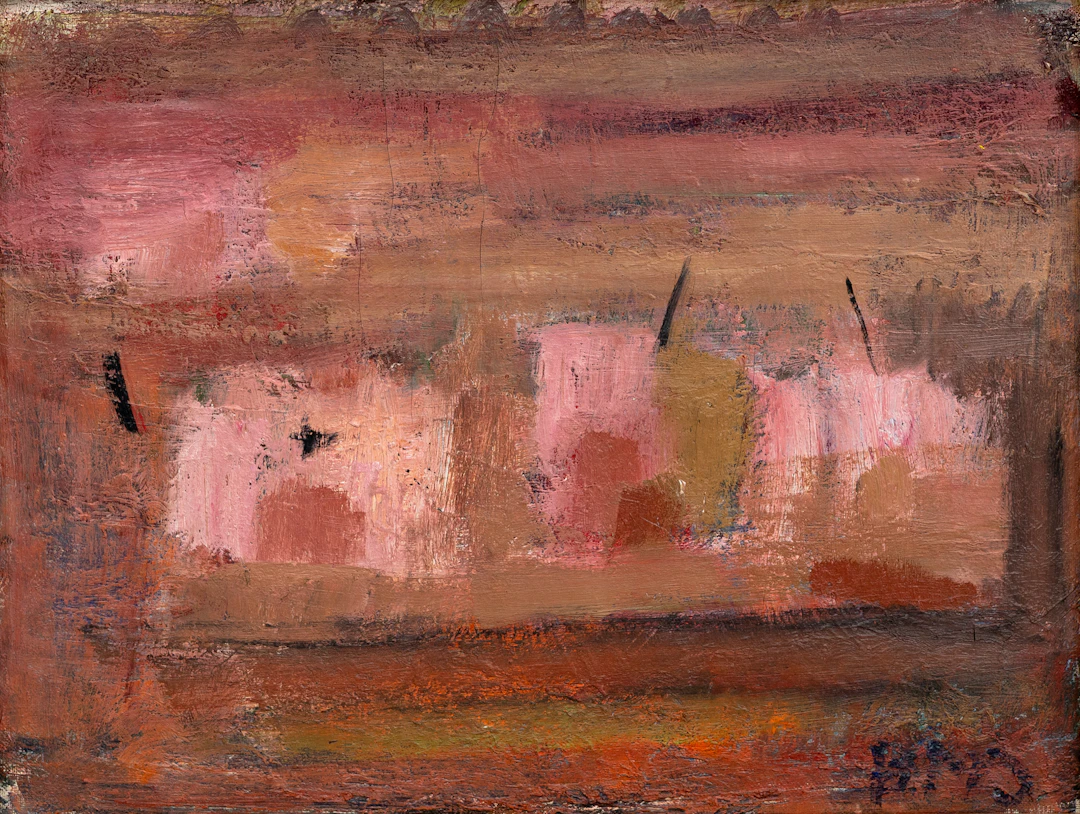 BRITT-MARIE JACOBSSON (1918-1992). Tre hus, olja på duk monogramsignerad BMJ.