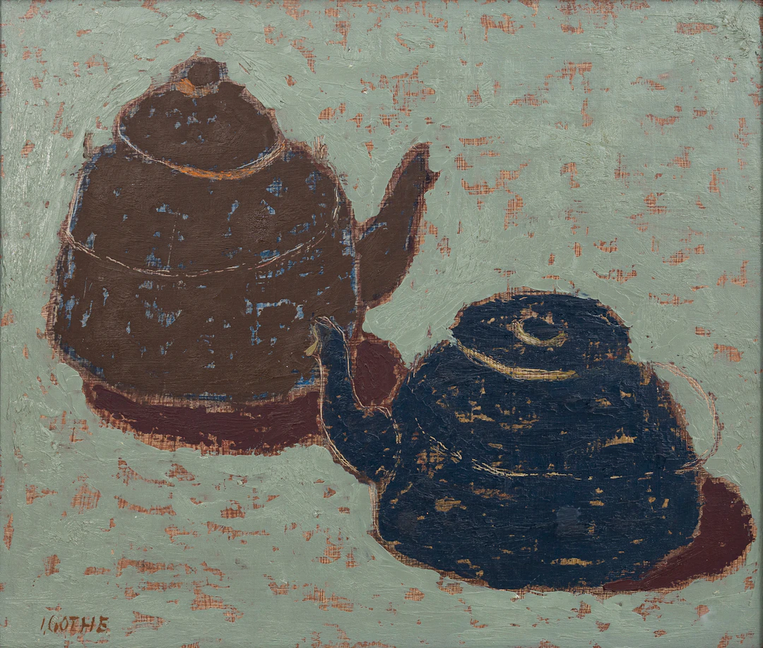 INGEGERD GOTHE (1912-1988). Stilleben med kaffekannor, olja på pannå, signerad.
