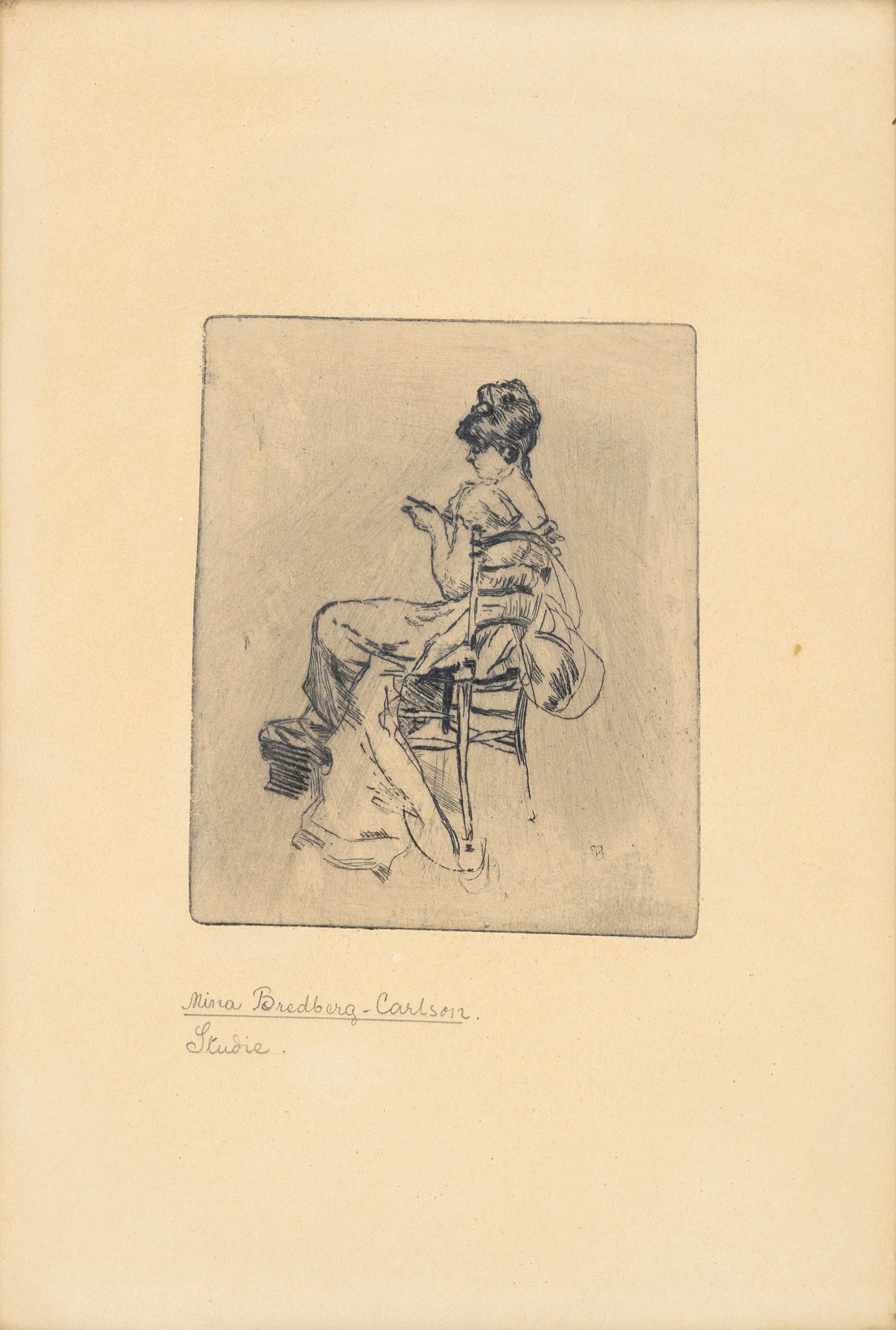 MINA CARLSON-BREDBERG. Studie "Flickan på stolen", etsning, monogramsignerad
