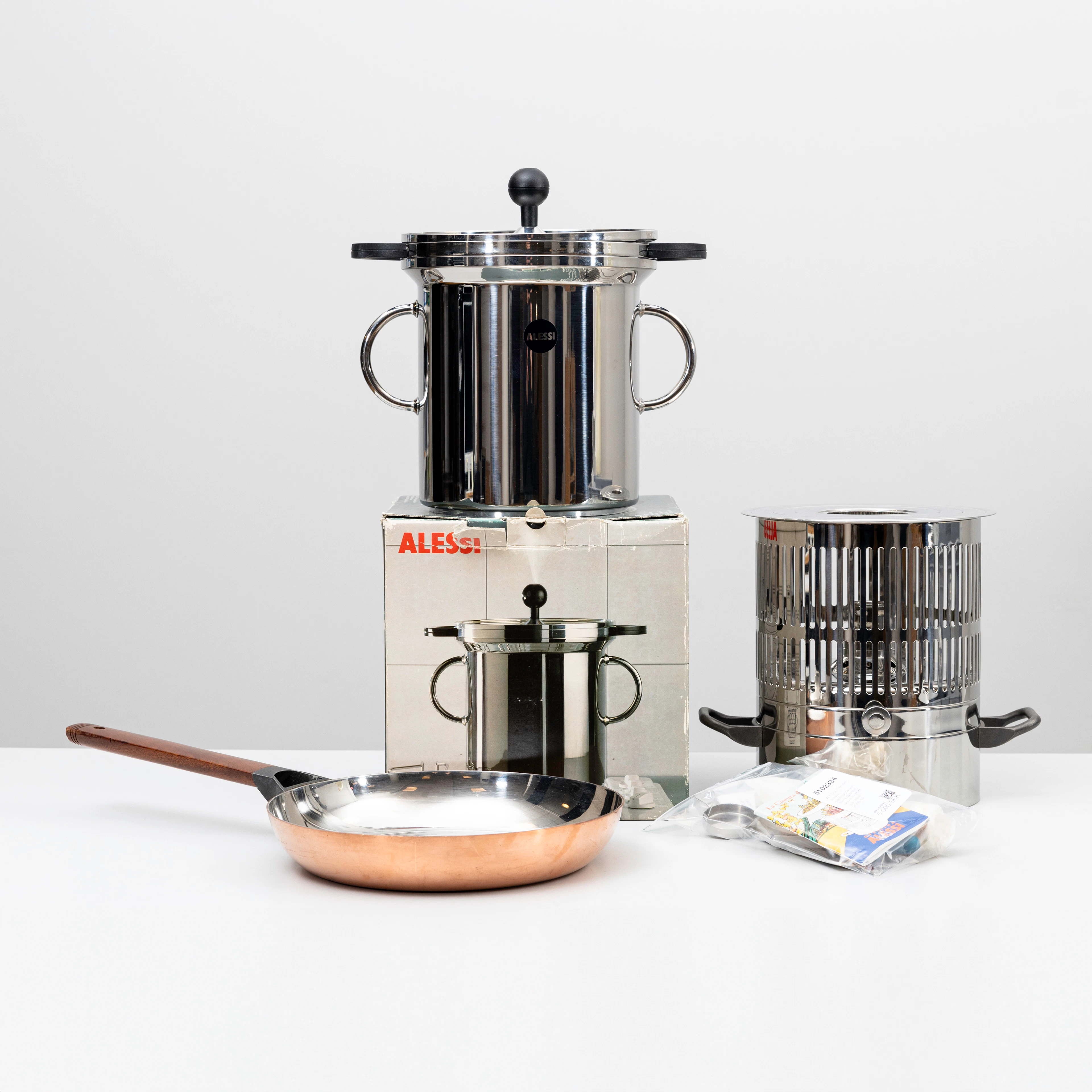 ALESSI, Flambé lampa, pastagryta och flambépanna, delvis rostfritt