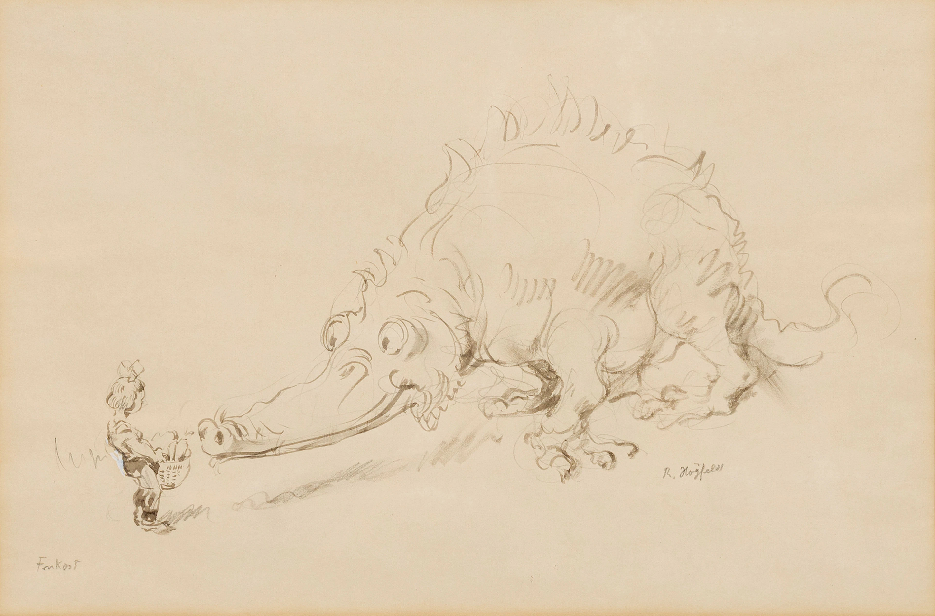 ROBERT HÖGFELDT. "Frukost", blyertsteckning, signerad.