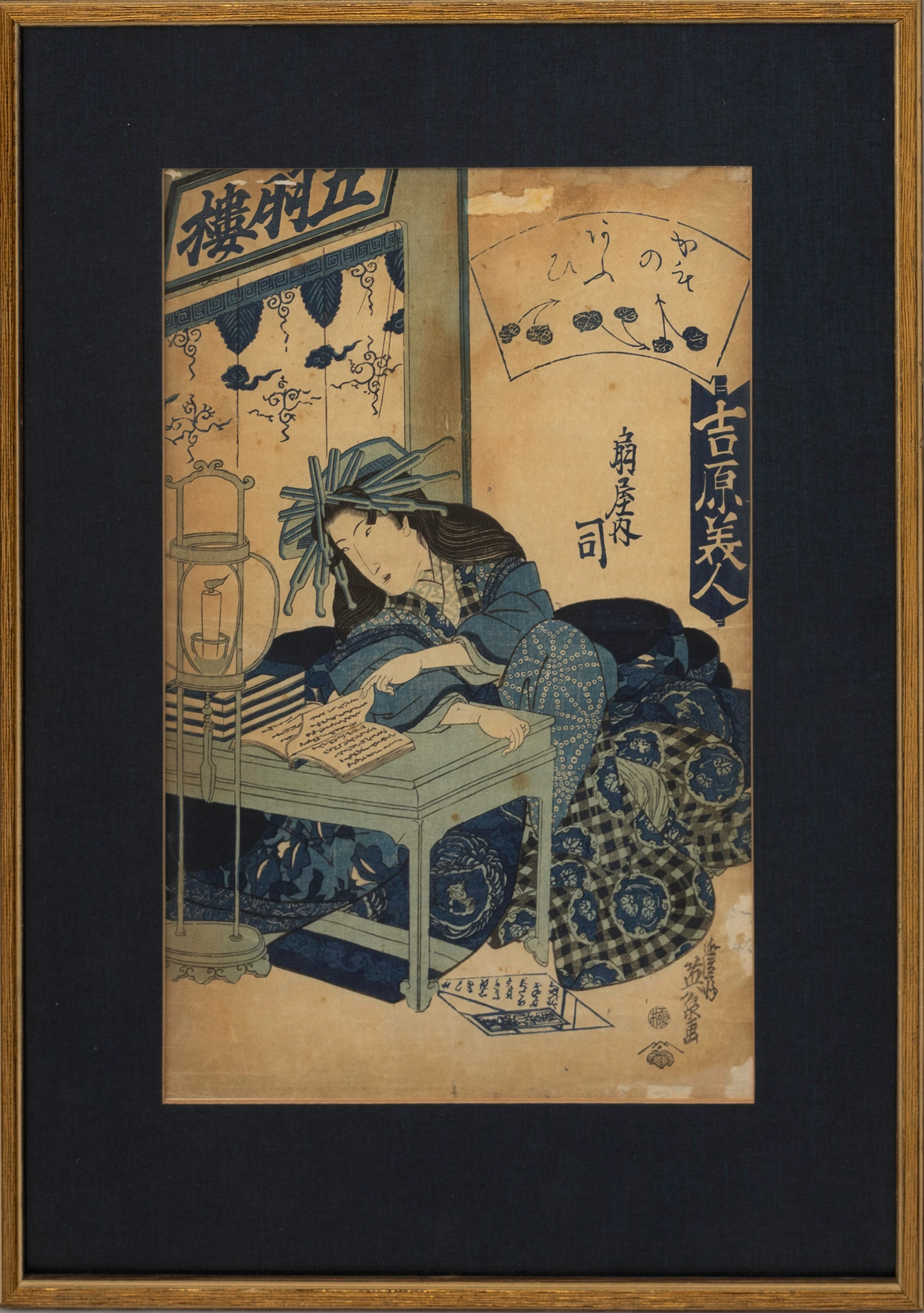 KEISAI EISEN (1790-1848). "Beauty reading by candlelight", Aizuri-e