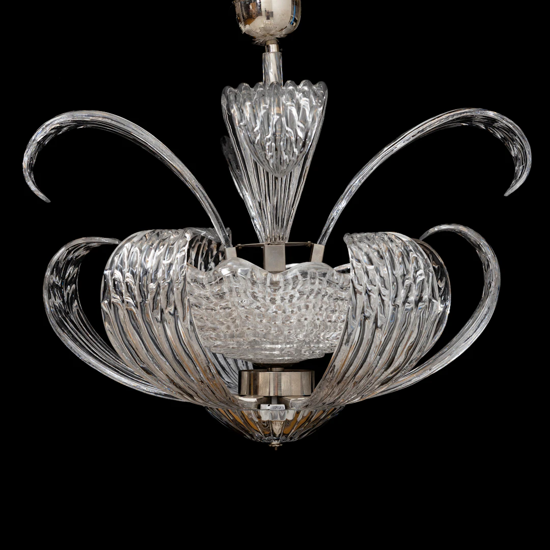 FRITZ KURZ. Taklampa, modell KD 897/1, glas, metall, Orrefors, 1940-tal.