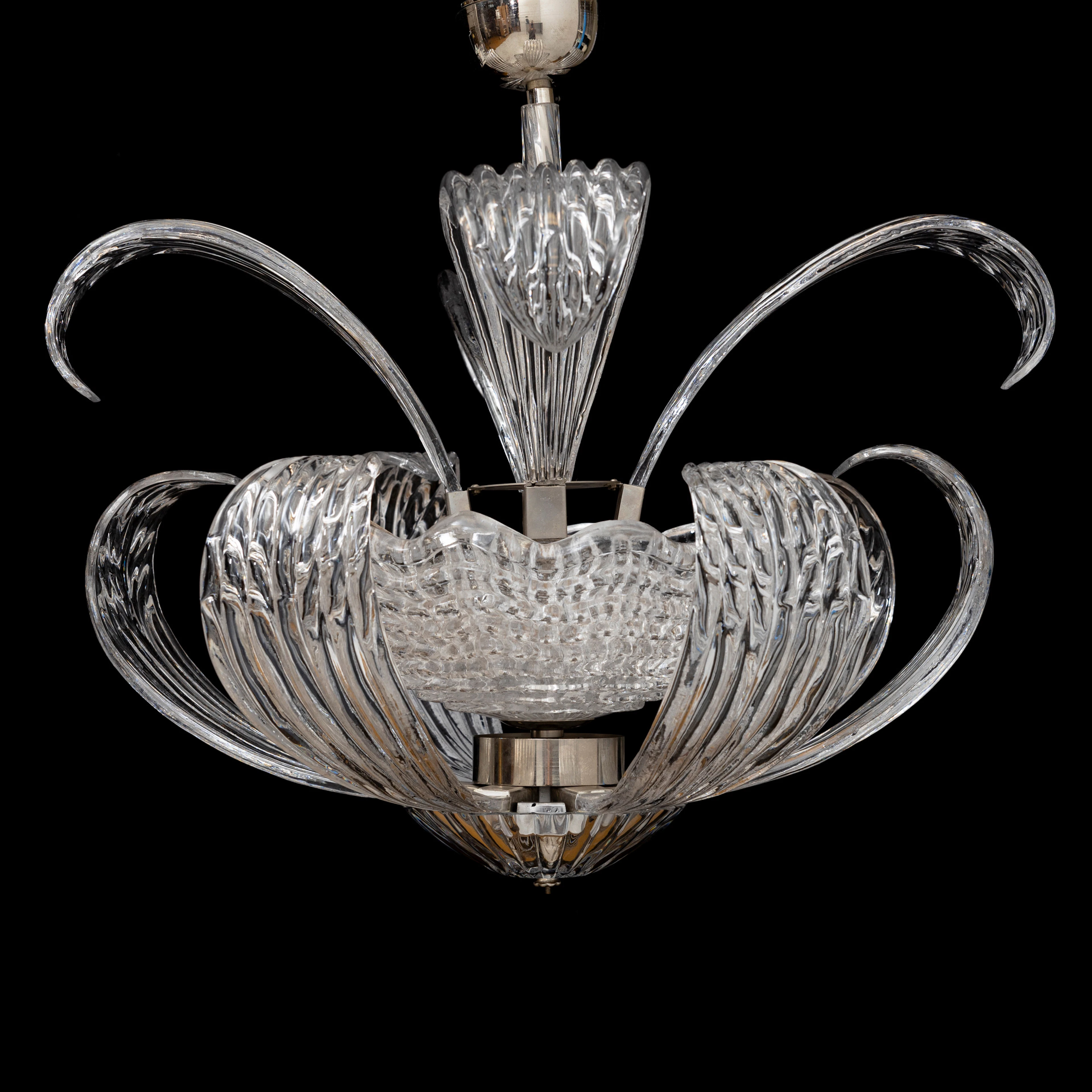FRITZ KURZ. Taklampa, modell KD 897/1, glas, metall, Orrefors, 1940-tal.