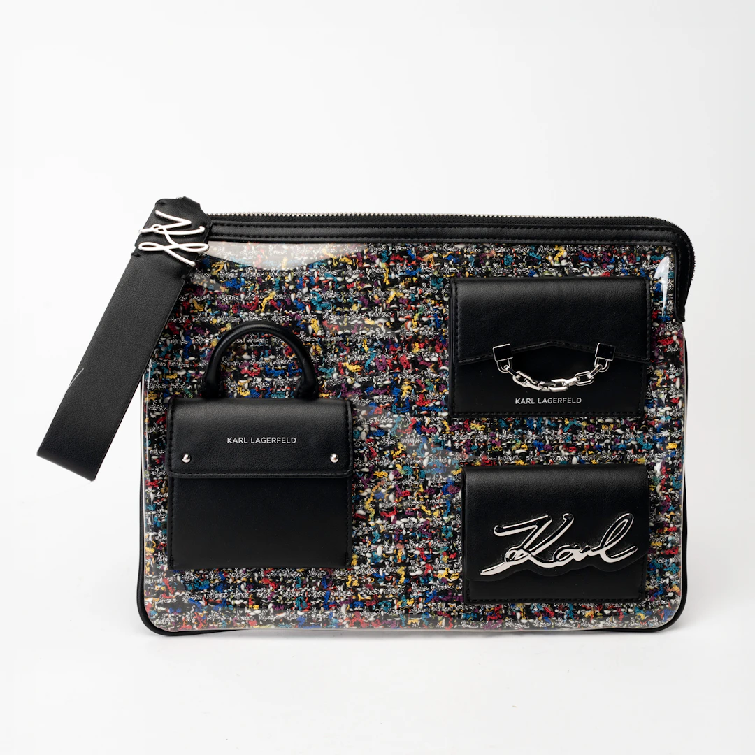KARL LAGERFELD. Väska/Clutch, flerfärgad tygblandning med utanpåliggande