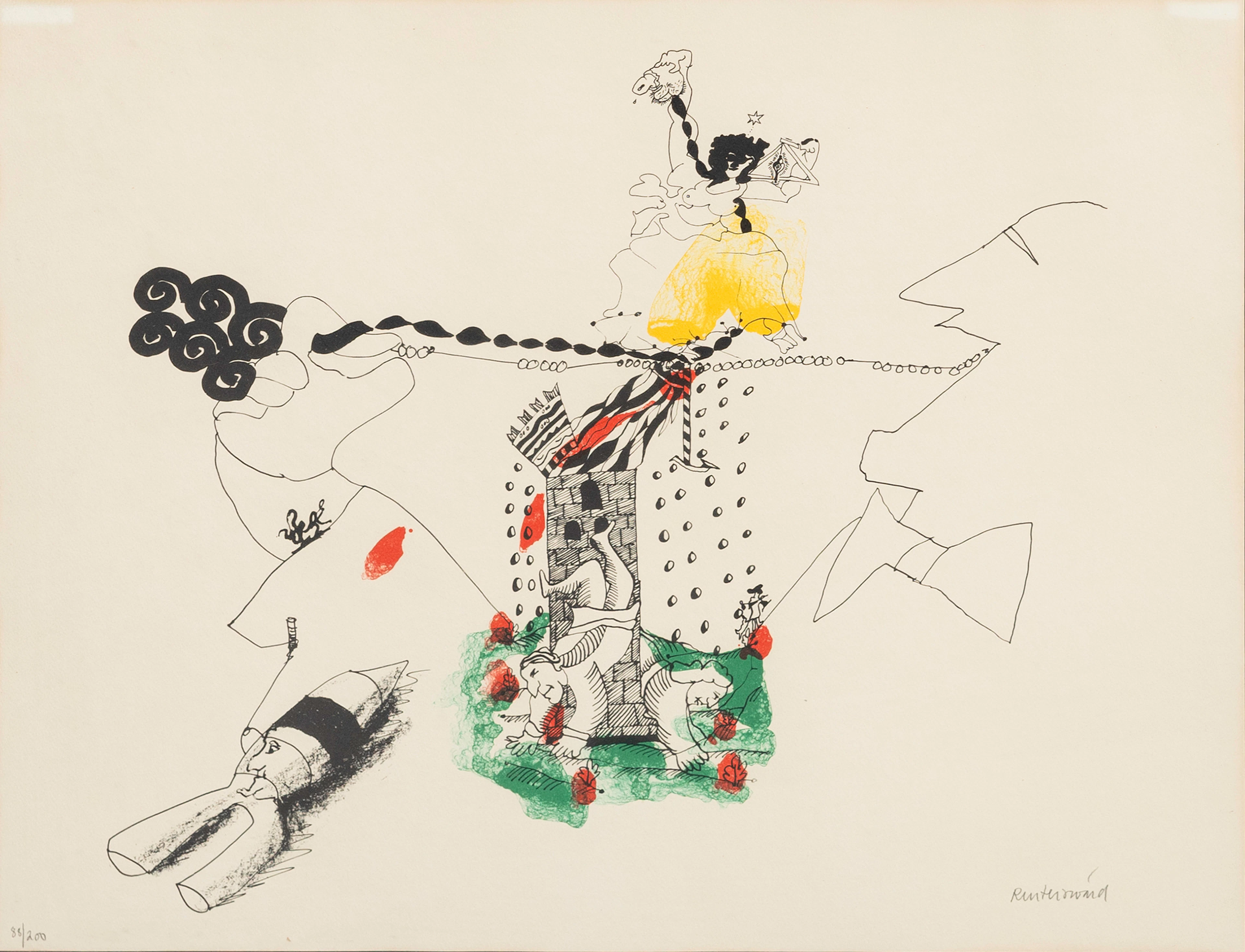 CARL FREDRIK REUTERSWÄRD. Figurer och torn, färglitografi, signerad