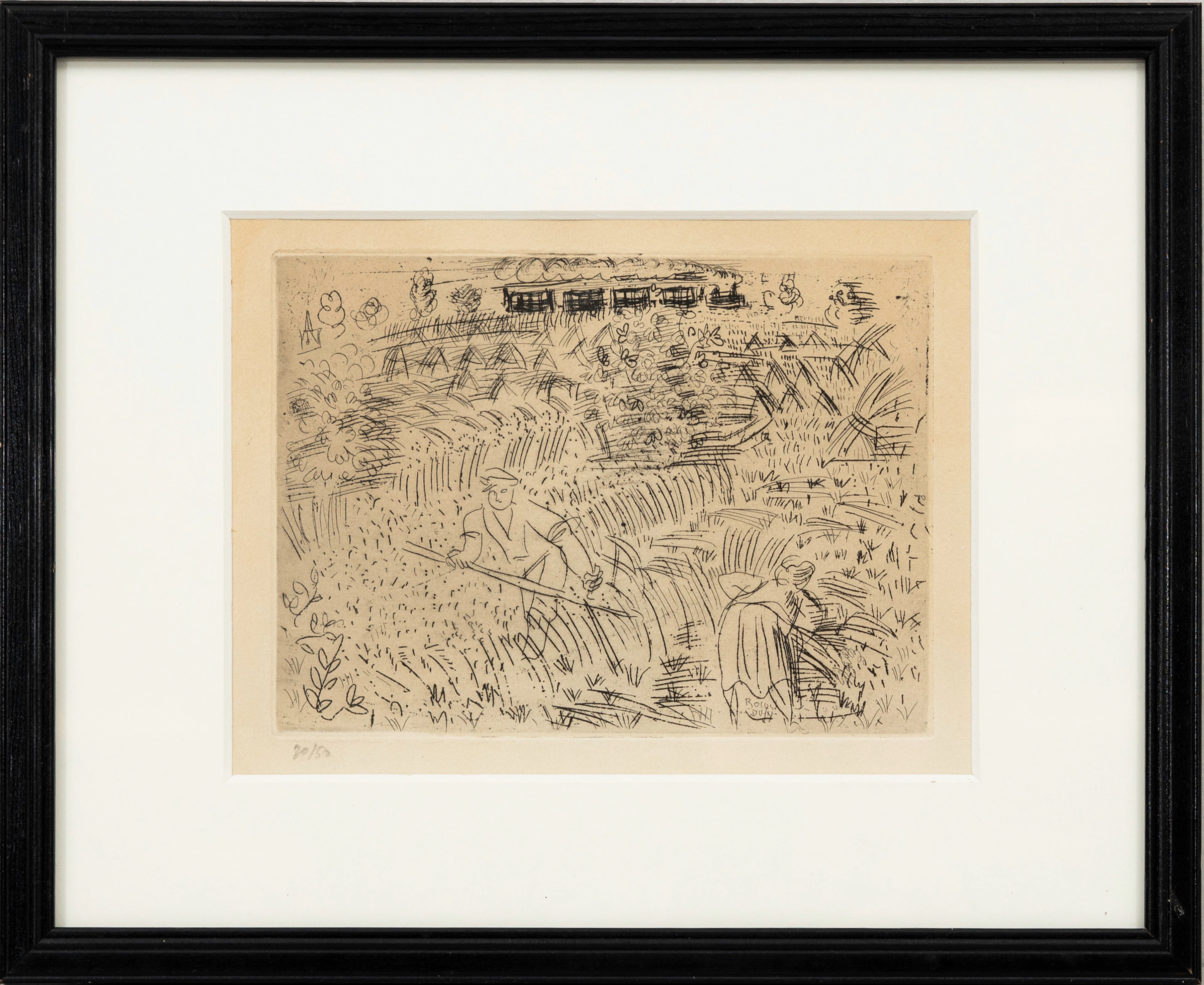 RAOL DUFY (1877-1953). Lantbrukare med passerande tåg, etsning, signerad