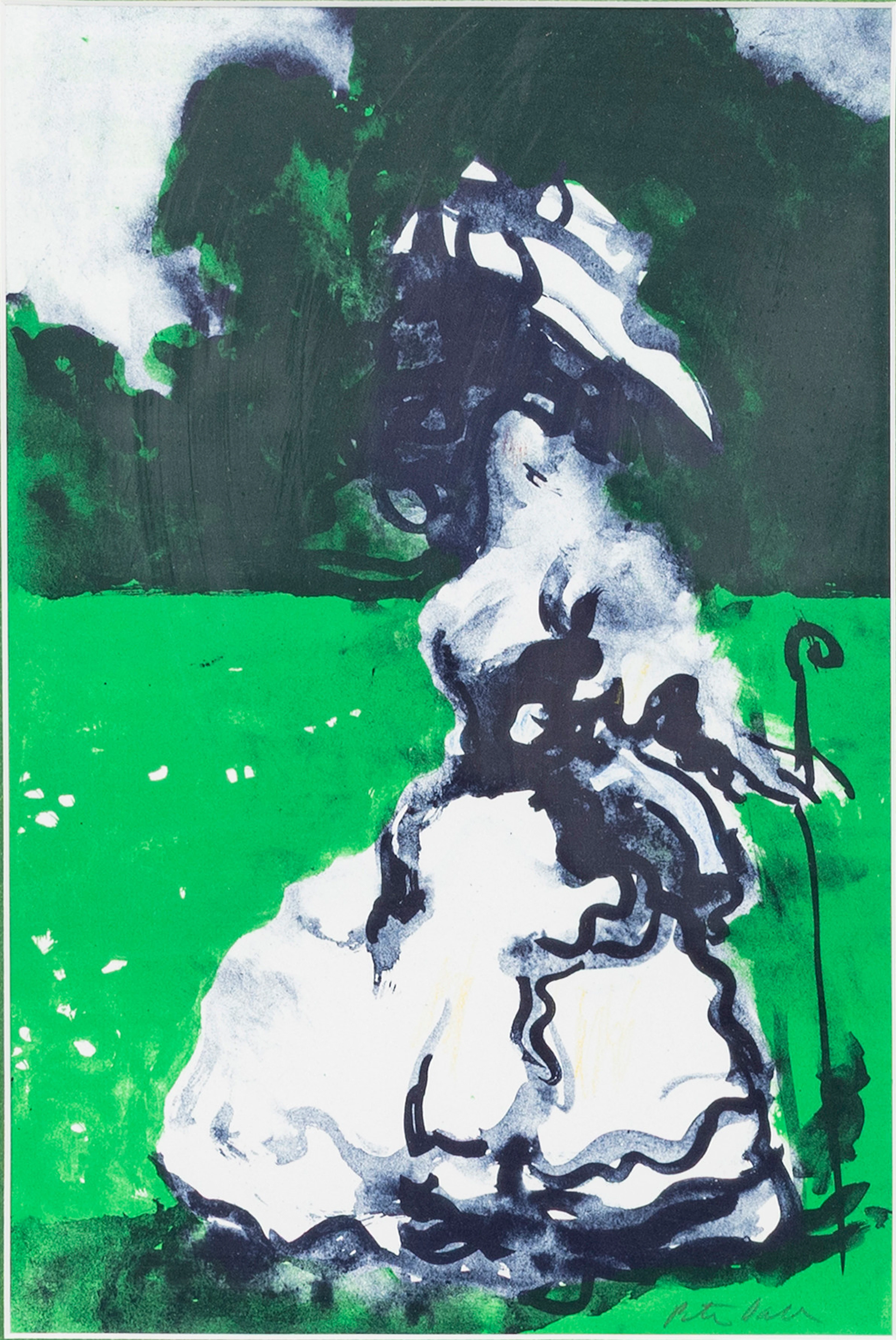 PETER DAHL. Kvinna i hatt, färglitografi, signerad.