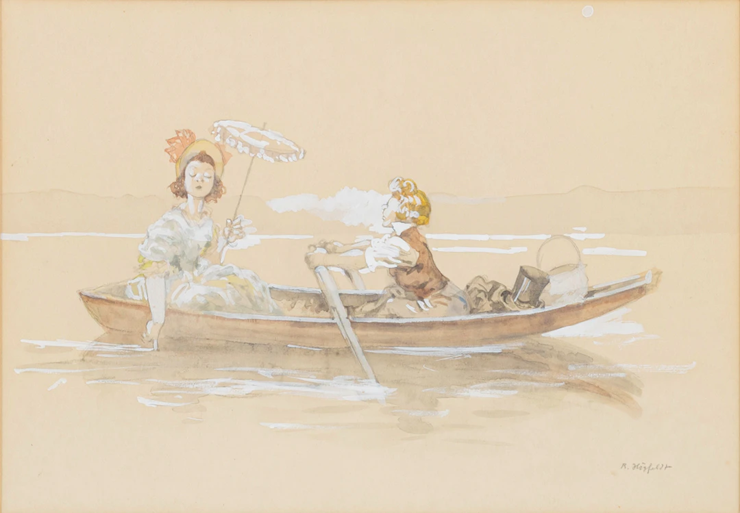 ROBERT HÖGFELDT. "Mot främmande strand", blandteknik med täckvitt, signerad.