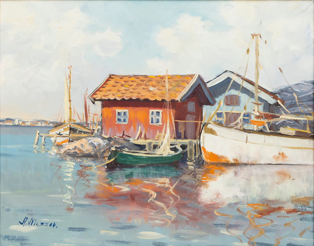 OIDENTIFIERAD KONSTNÄR. hamnmotiv, olja på duk signerad A.Nilsson,1900-talets