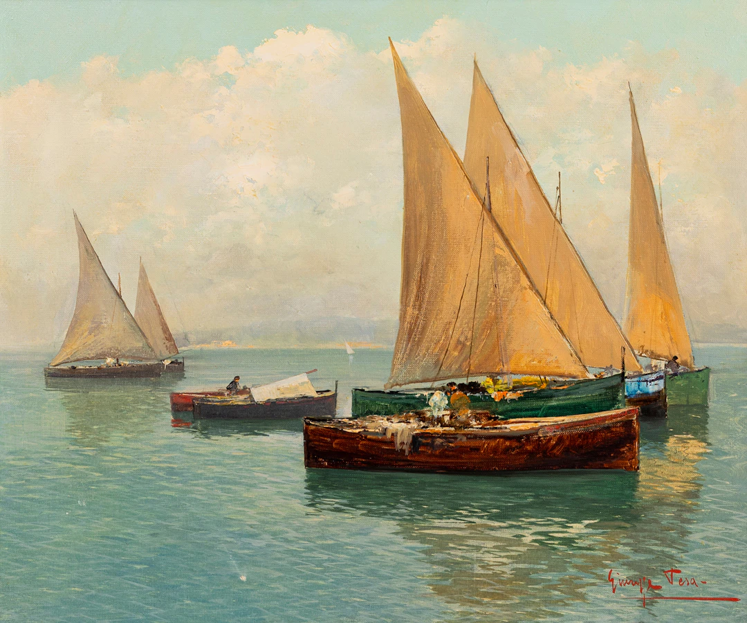 GIUSEPPE TESA. Segelbåtar, olja på duk, signerad.