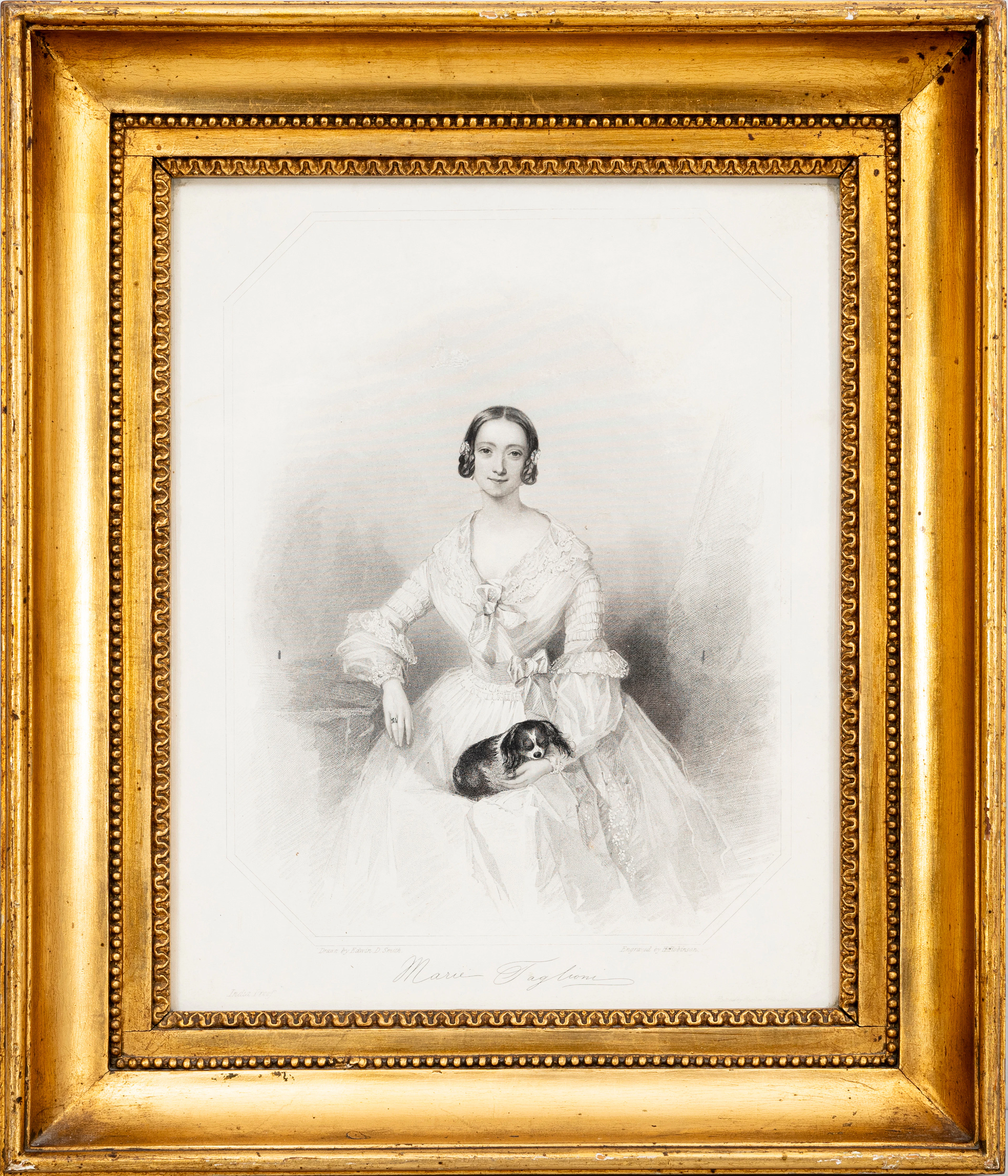 Marie Taglioni med sin hund, privatporträtt, litografi av Robinson