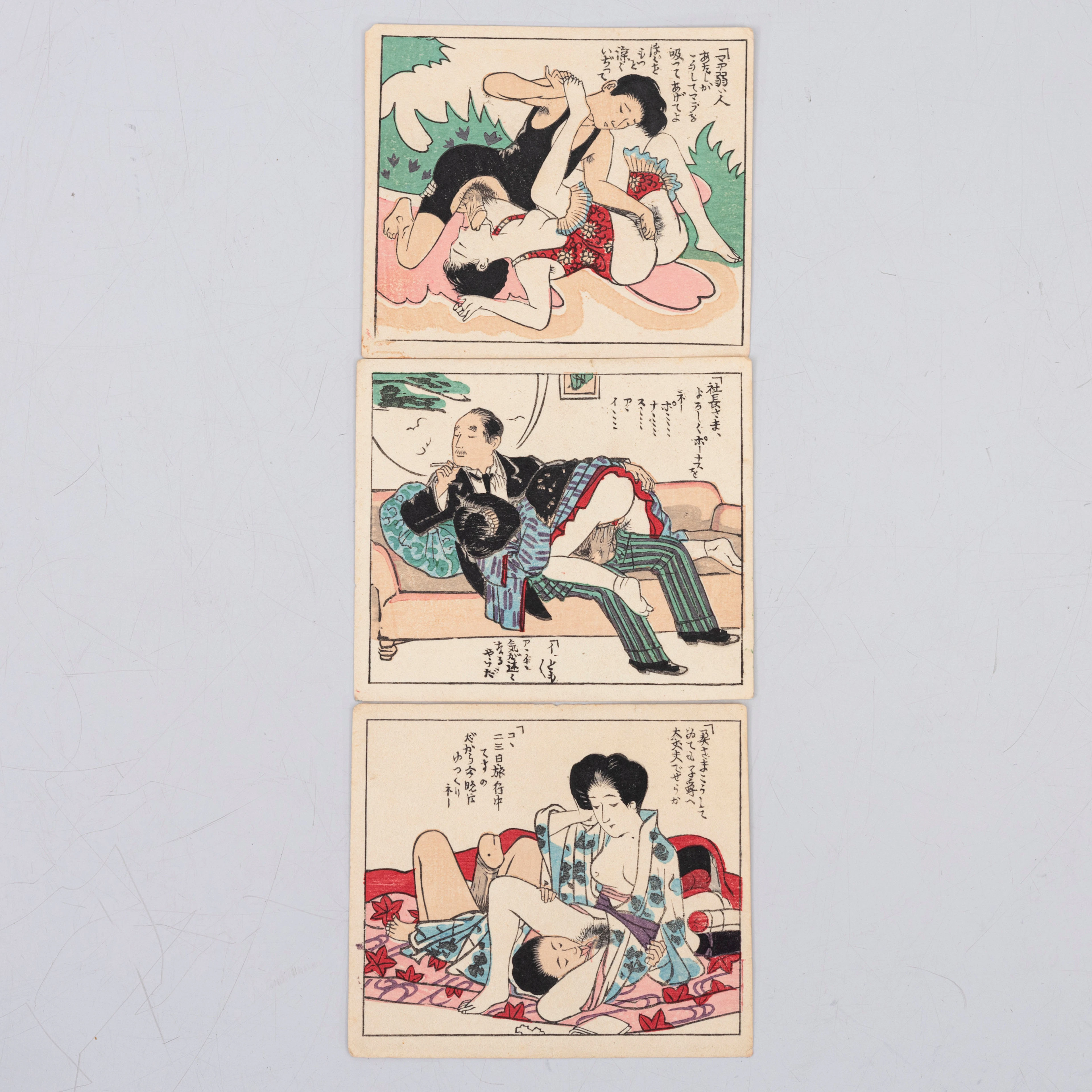OKÄND KONSTNÄR. 3 st, träsnitt, Shunga, Japan Taishō (1912-26).