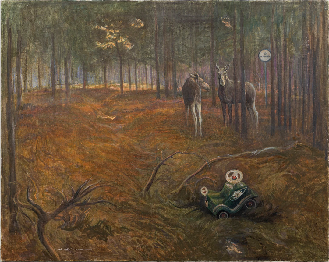 GÖTE GÖRANSSON. Älgar i skog, olja på duk, signerad.