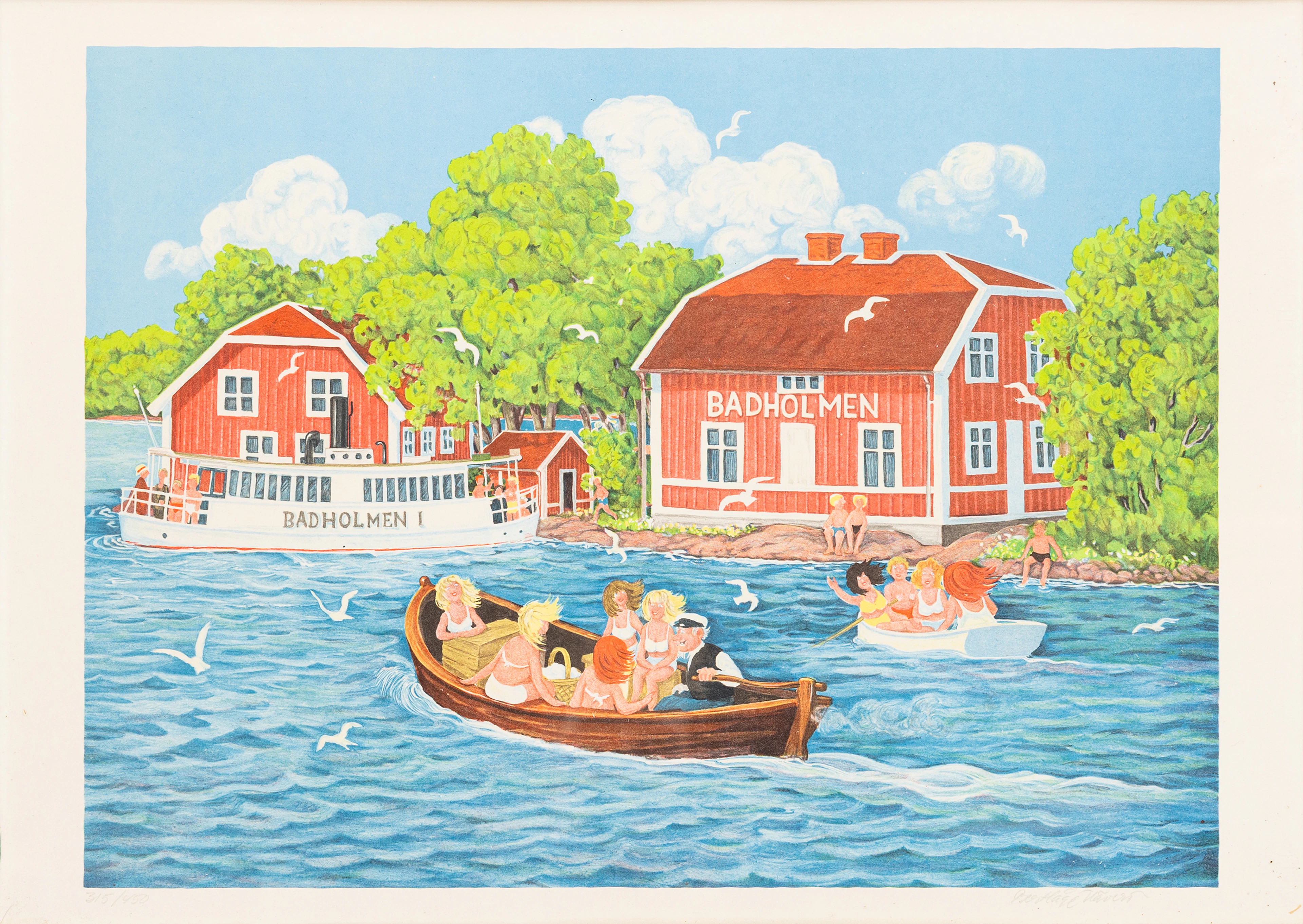 BERT HÅGE HÄVERÖ. "Badholmen", färglitografi, signerad och numrerad, 315/450.