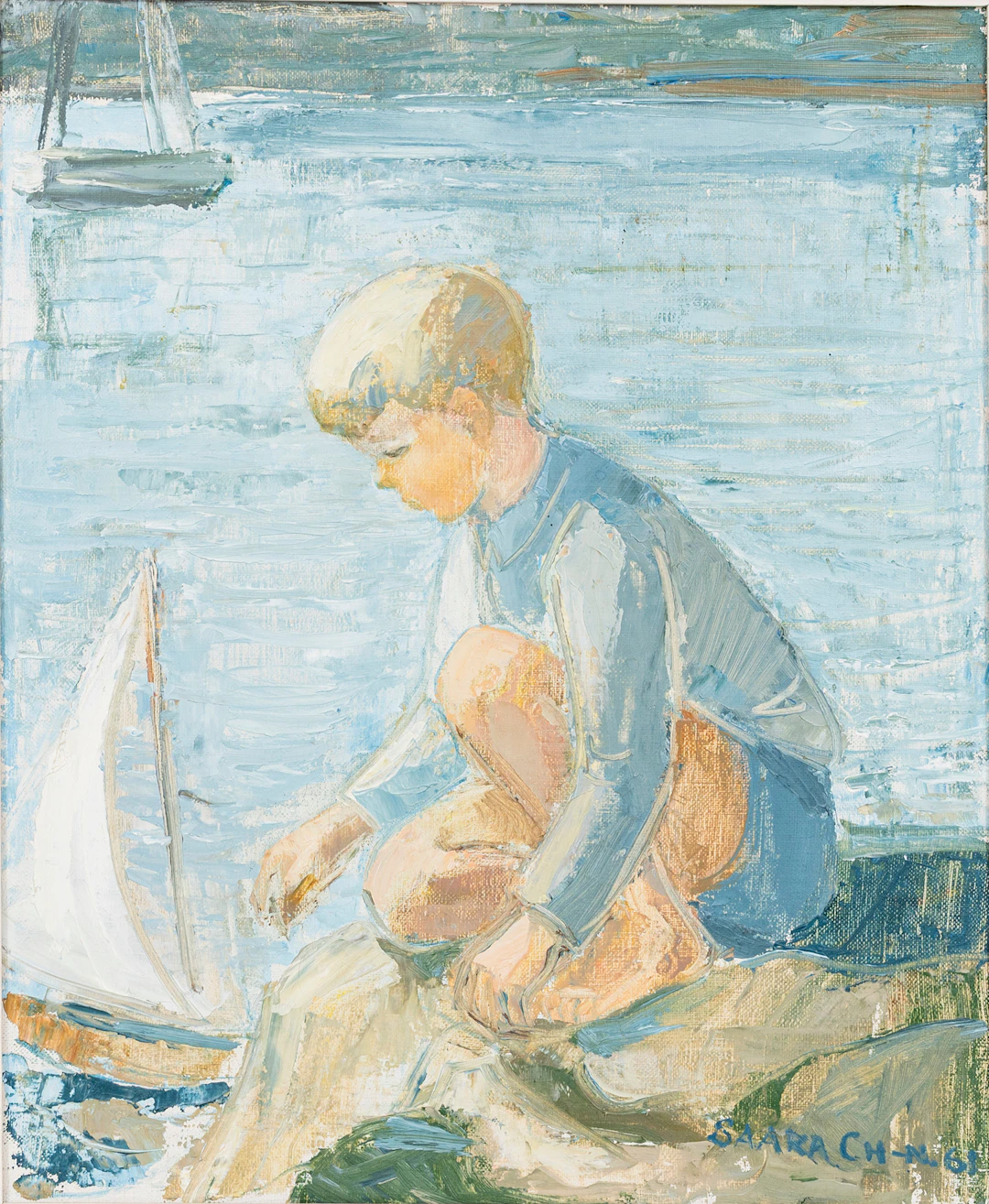 SAARA CHRISTIANSEN. Pojke med segelbåt, olja på duk, signerad, daterad 61.