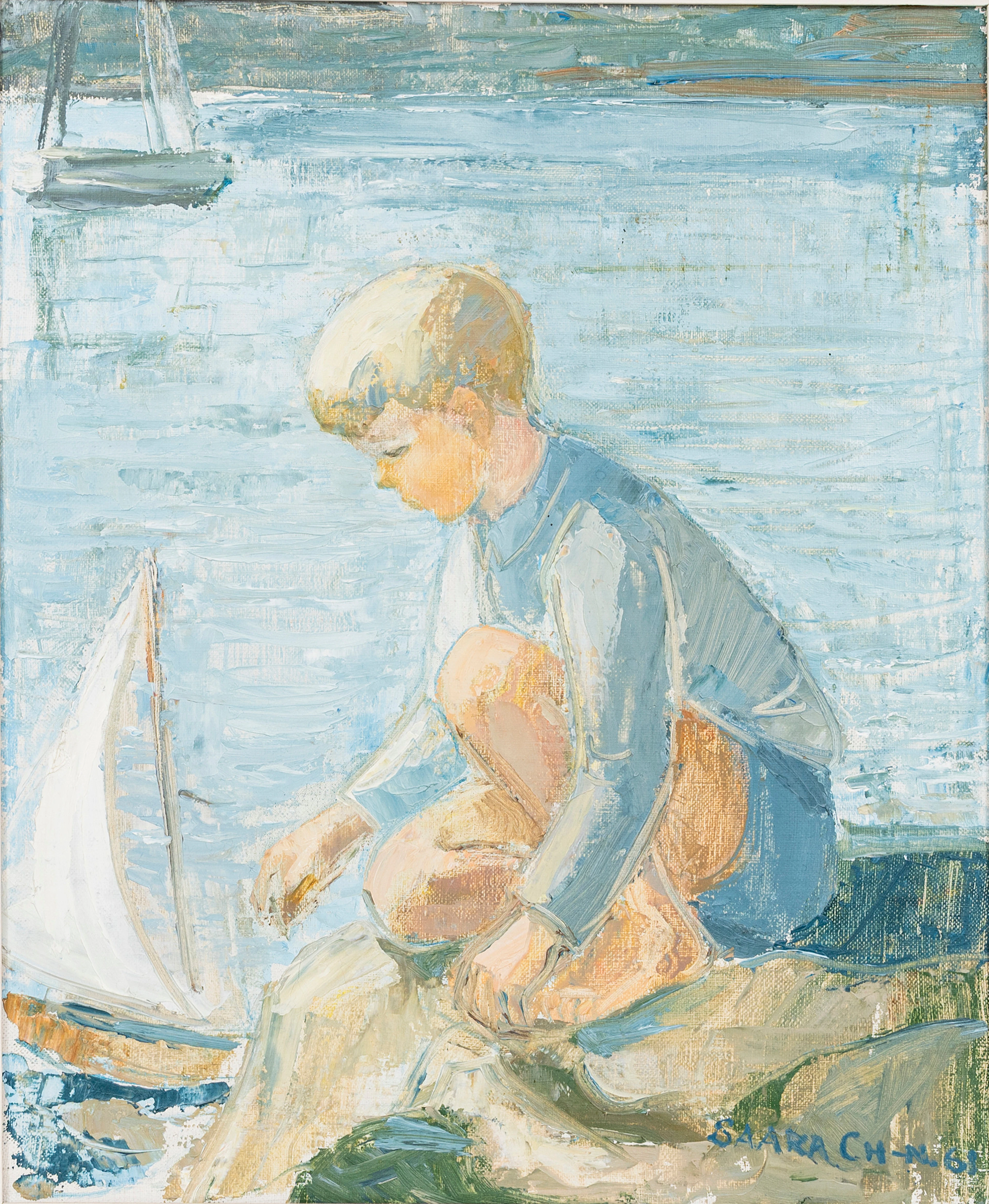SAARA CHRISTIANSEN. Pojke med segelbåt, olja på duk, signerad, daterad 61.