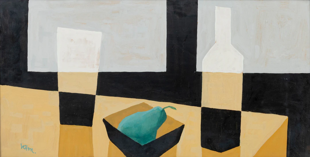 INGVAR LÉTON (1926-). Stilleben med flaska och päron, gouache, signerad