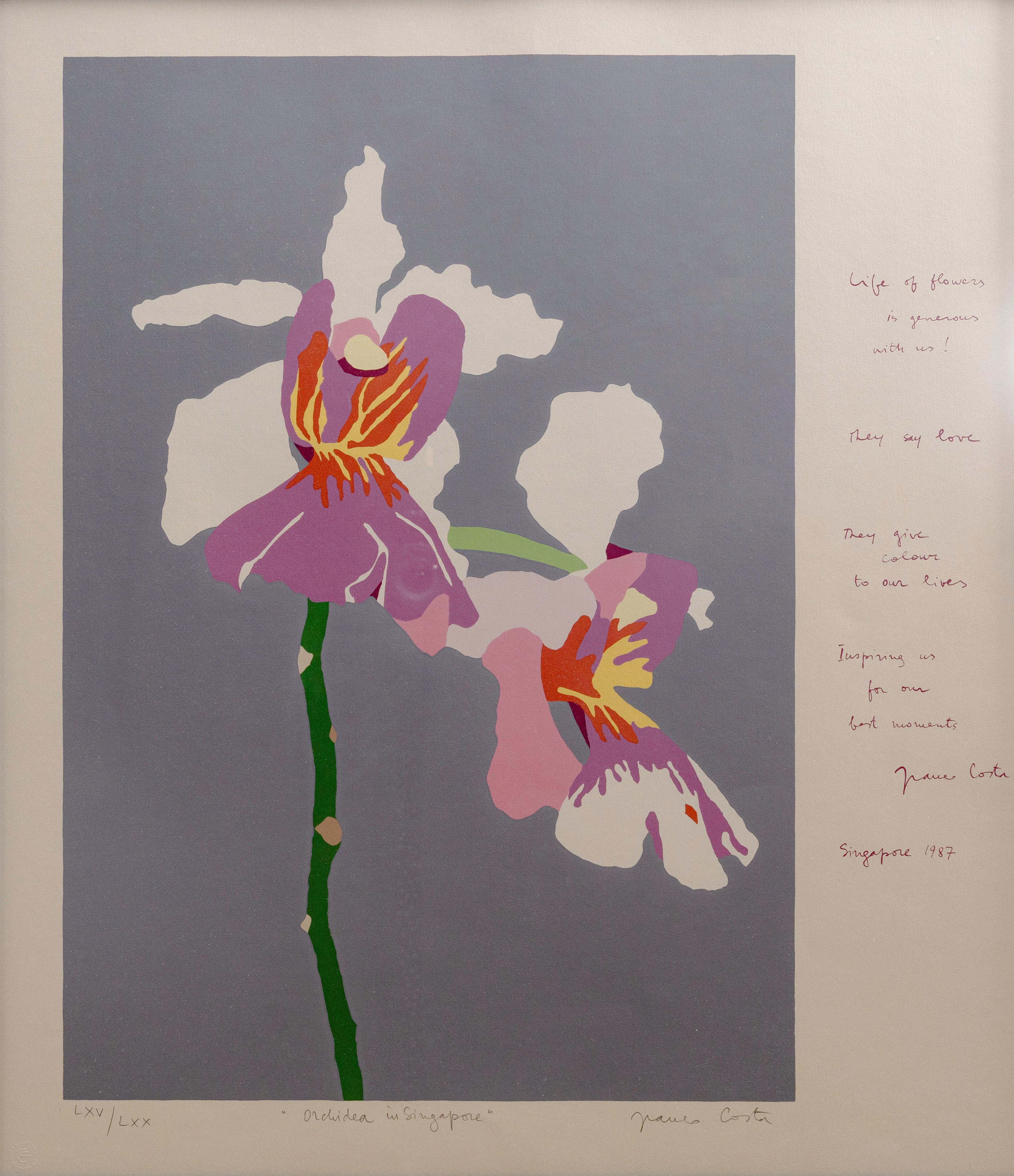 FRANCO COSTA. "Orchidea in Singapore", färglitografi, signerd och