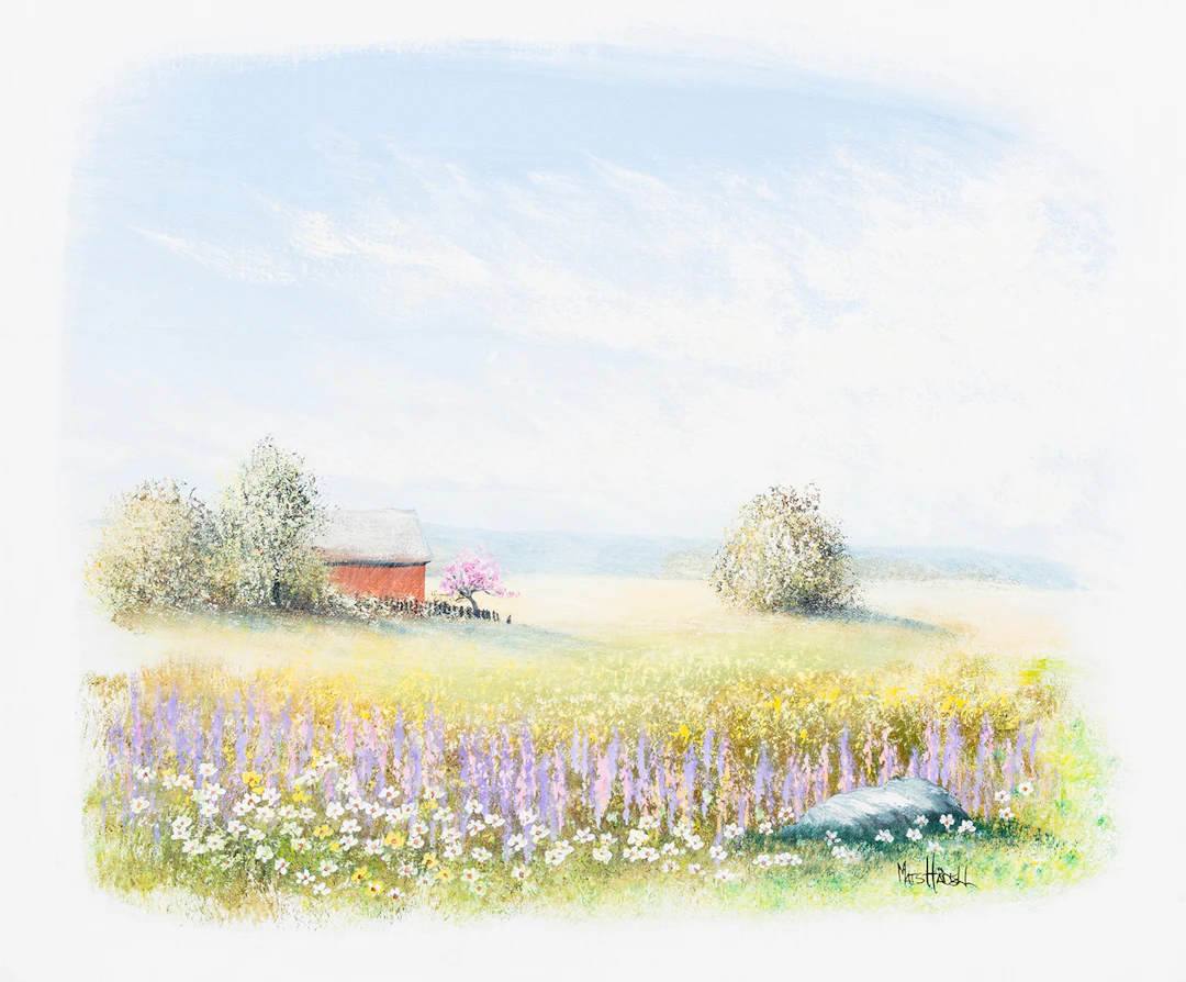 MATS HÅDELL (1958-2021). Sommaräng med hus, olja på duk, signerad.