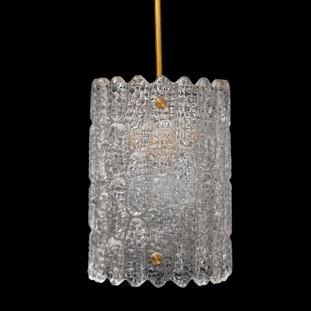 CARL FAGERLUND. Taklampa, glas och mässing, Orrefors, 1900-talets