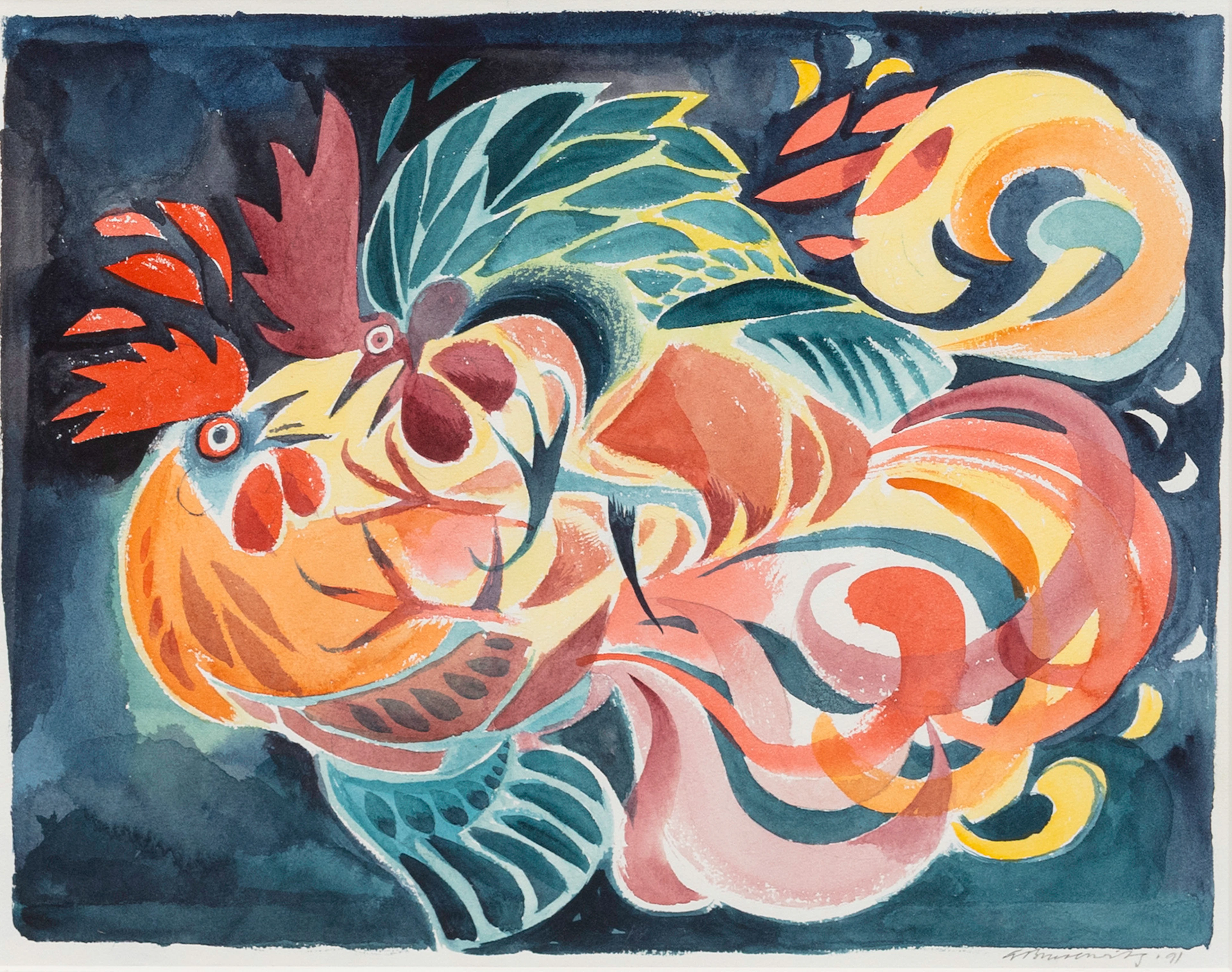 GUNNAR BRUSEWITZ. Tuppar i kamp, gouache på papper, signerad, daterad -91.