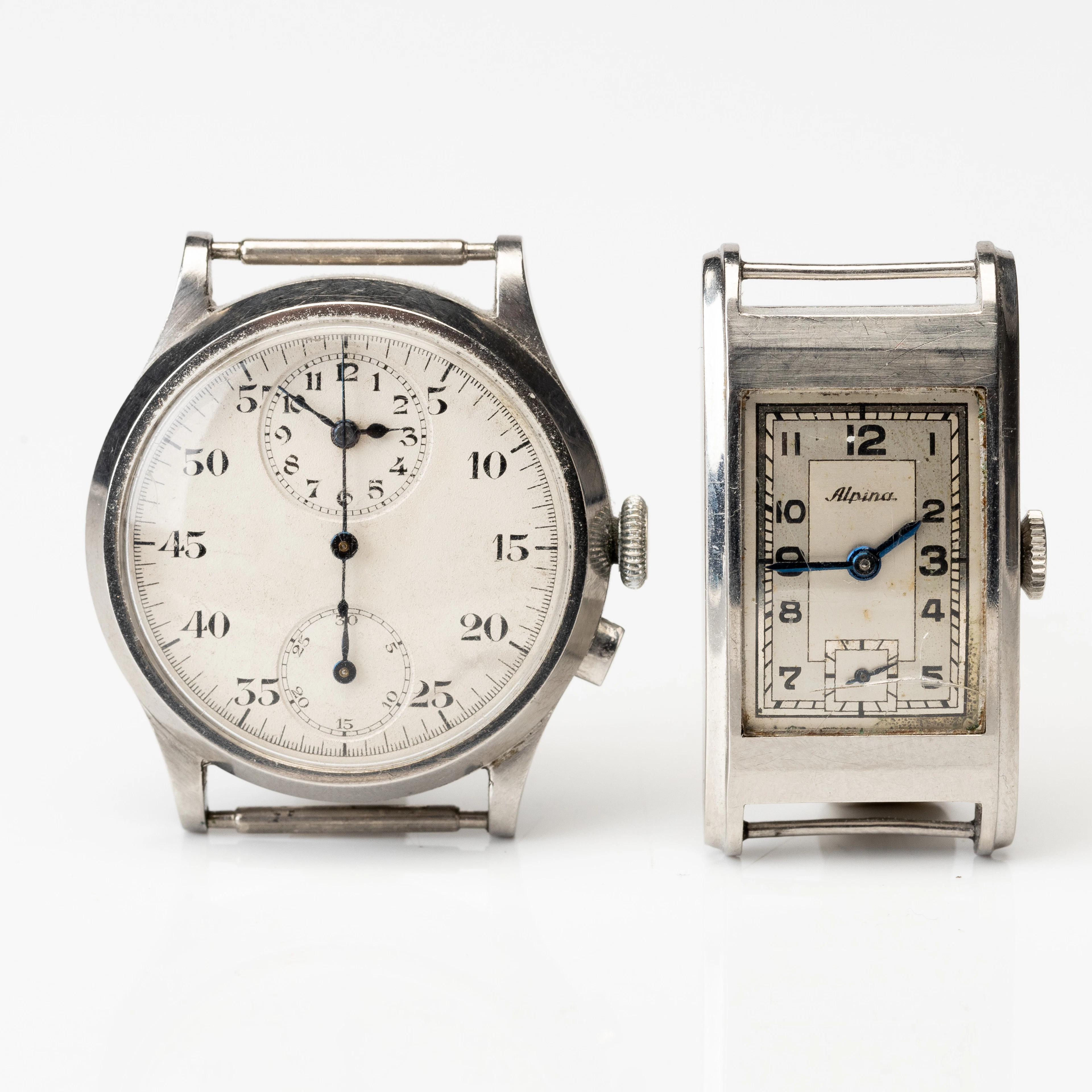 ARMBANDSUR, 2 st, varav en Alpina, manuell, stål, 1930-/1940-tal.