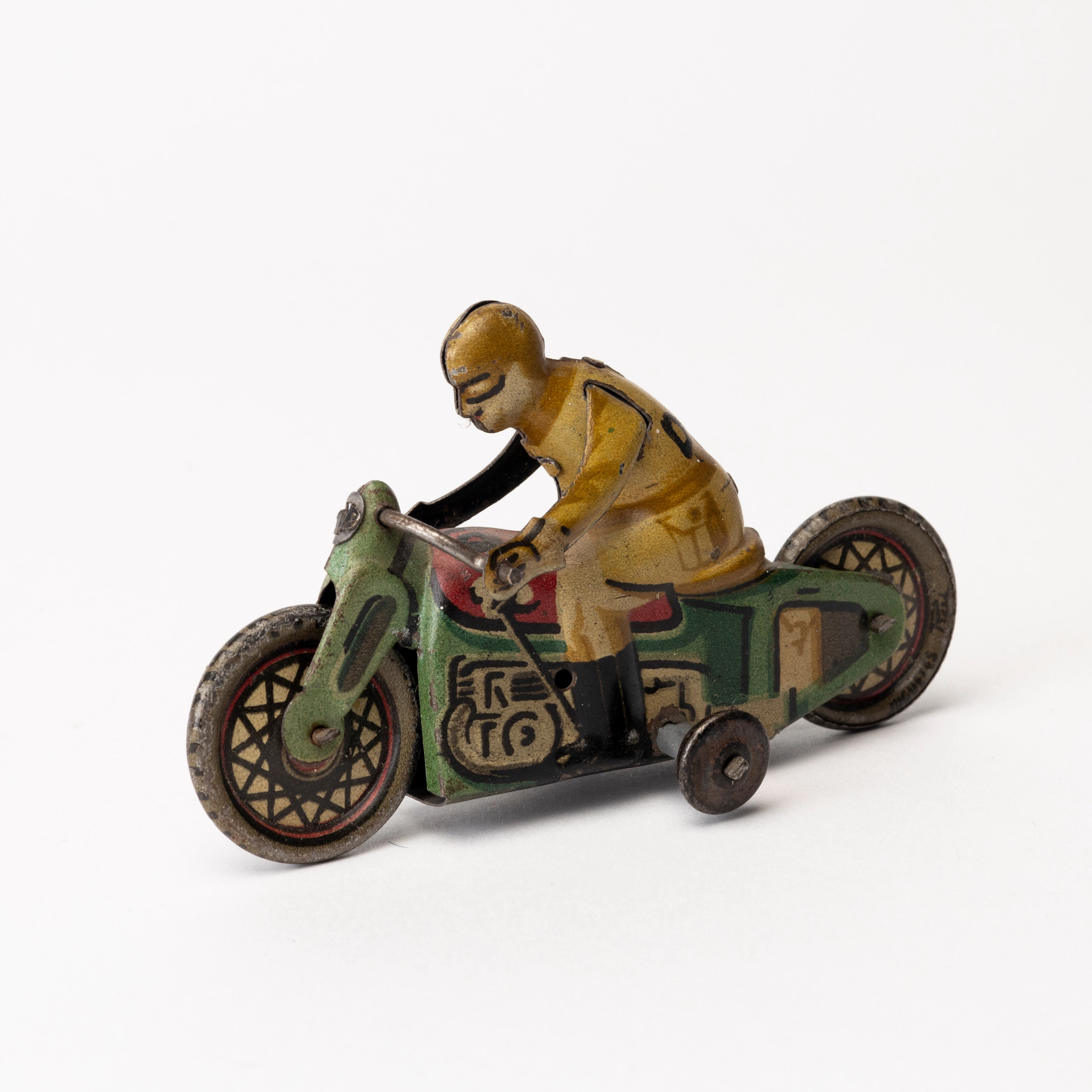PAYA motorcykel, grön/ljusbrun plåt, Juguetes, Spanien, början av 1900-talet.